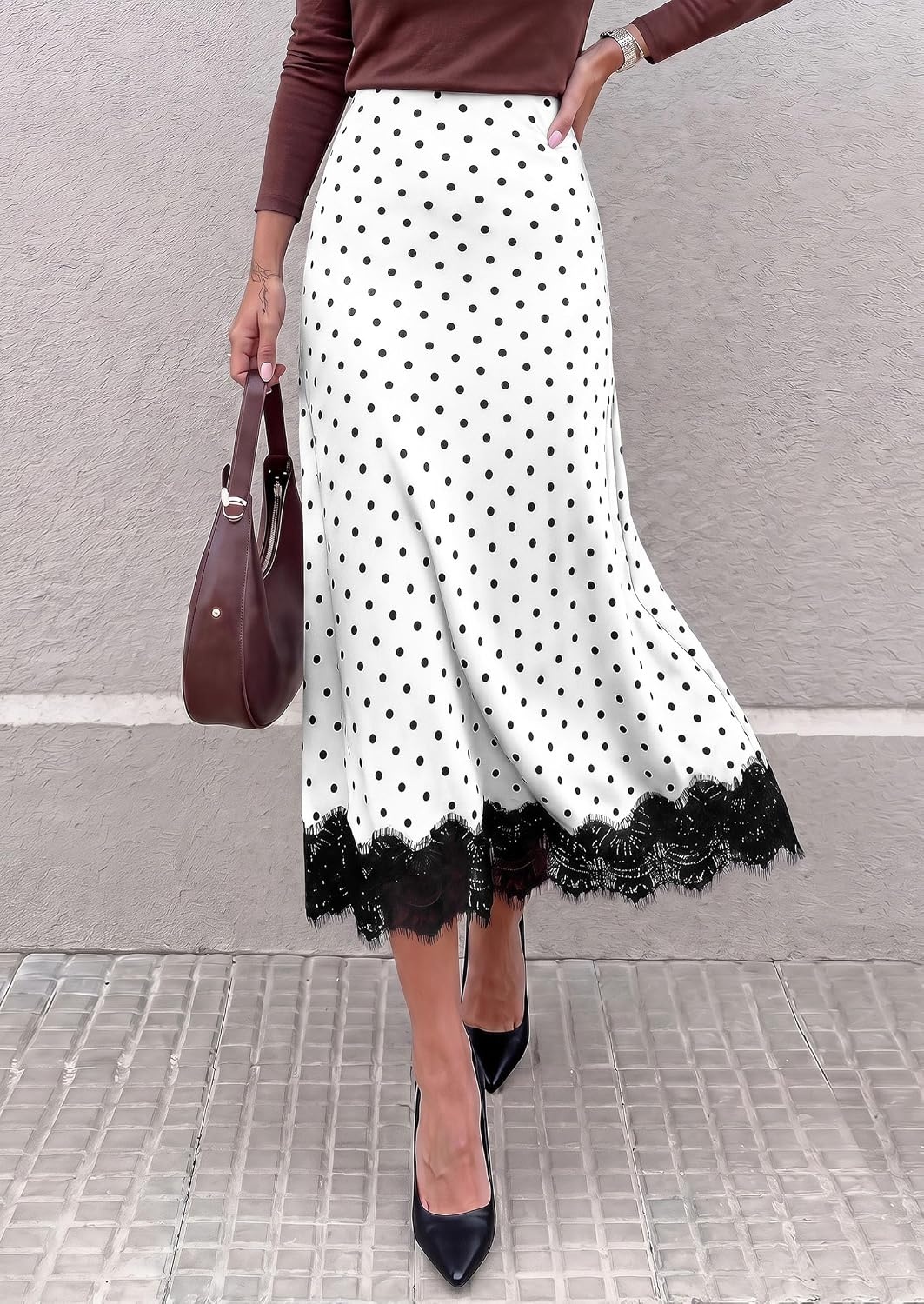 image:imagePRETTYGARDEN Womens Flowy Satin Midi A Line Skirt Dressy Lace Trim Elastic High Waisted Fall Fashion Bottoms Elegant Outfits for Wedding Guest Cocktail Party amp Date NightPolka Dot White