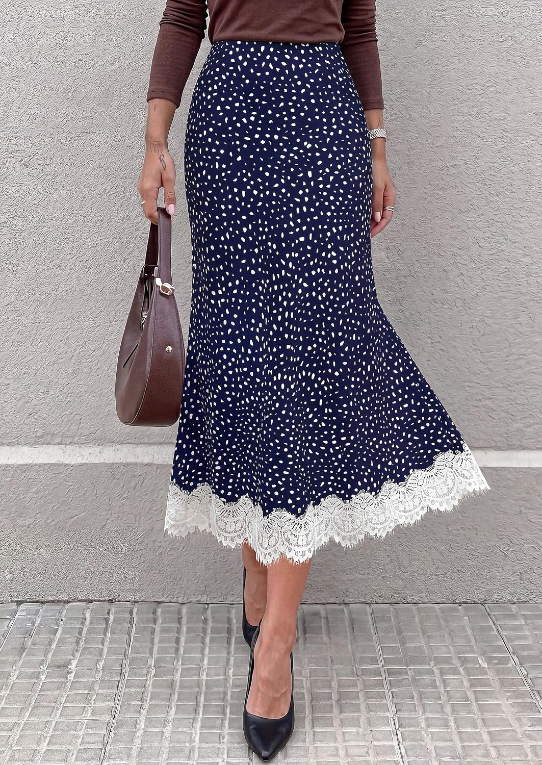 image:imagePRETTYGARDEN Womens Flowy Satin Midi A Line Skirt Dressy Lace Trim Elastic High Waisted Fall Fashion Bottoms Elegant Outfits for Wedding Guest Cocktail Party amp Date NightDot Navy Blue White