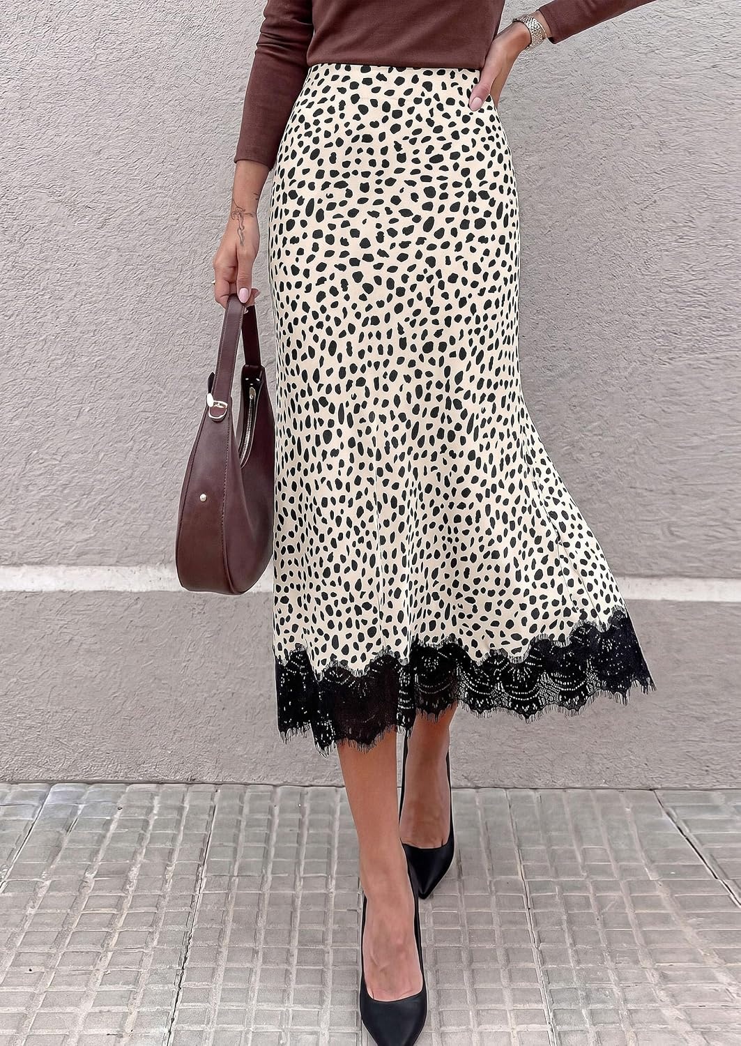 image:imagePRETTYGARDEN Womens Flowy Satin Midi A Line Skirt Dressy Lace Trim Elastic High Waisted Fall Fashion Bottoms Elegant Outfits for Wedding Guest Cocktail Party amp Date NightDot Apricot Black