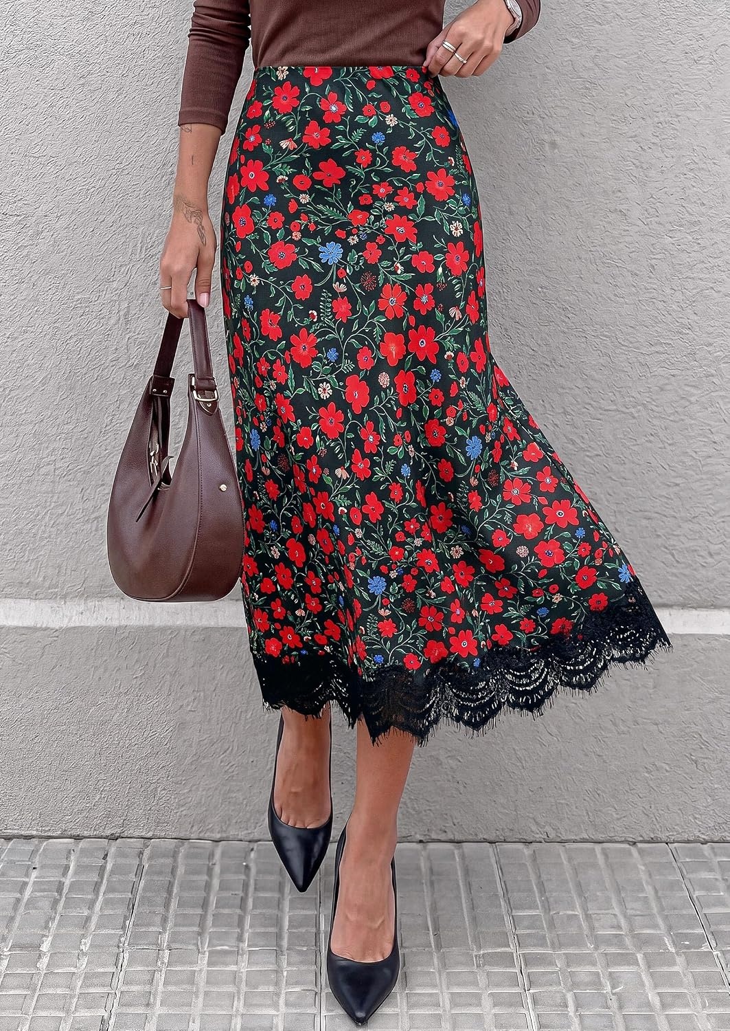 image:imagePRETTYGARDEN Womens Flowy Satin Midi A Line Skirt Dressy Lace Trim Elastic High Waisted Fall Fashion Bottoms Elegant Outfits for Wedding Guest Cocktail Party amp Date NightFloral Green Red