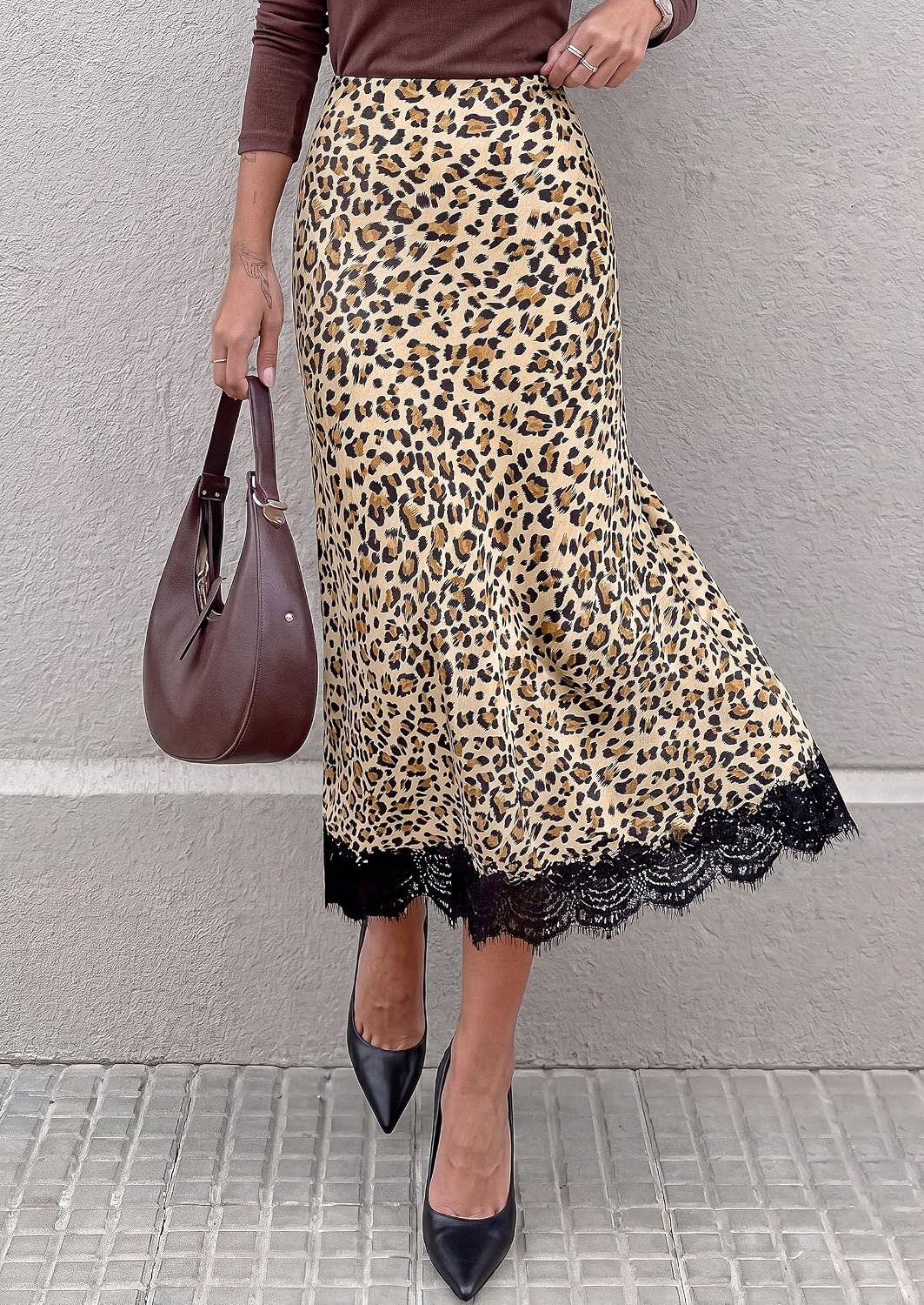 image:imagePRETTYGARDEN Womens Flowy Satin Midi A Line Skirt Dressy Lace Trim Elastic High Waisted Fall Fashion Bottoms Elegant Outfits for Wedding Guest Cocktail Party amp Date NightLeopard Apricot