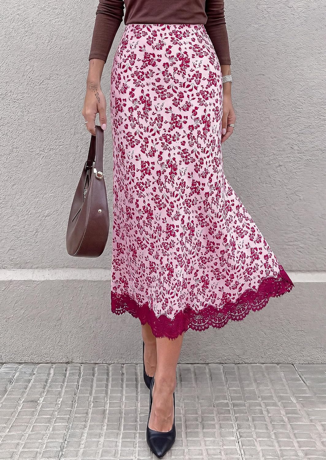 image:imagePRETTYGARDEN Womens Flowy Satin Midi A Line Skirt Dressy Lace Trim Elastic High Waisted Fall Fashion Bottoms Elegant Outfits for Wedding Guest Cocktail Party amp Date NightFloral Pink Rose Red