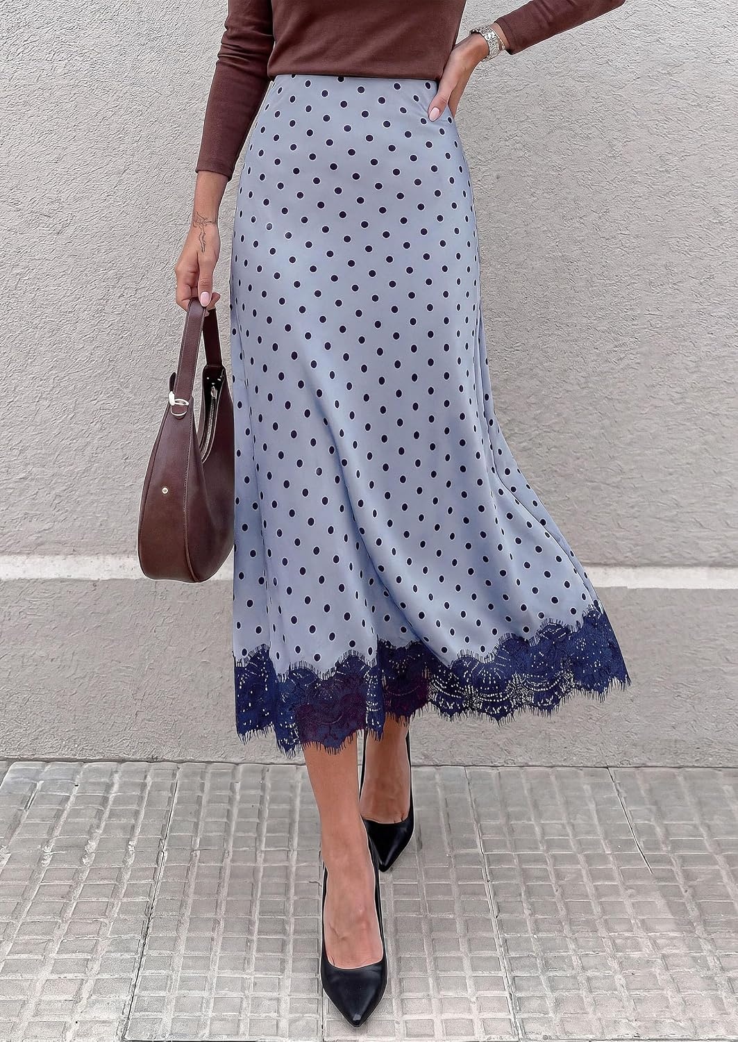image:imagePRETTYGARDEN Womens Flowy Satin Midi A Line Skirt Dressy Lace Trim Elastic High Waisted Fall Fashion Bottoms Elegant Outfits for Wedding Guest Cocktail Party amp Date NightDot Blue Black