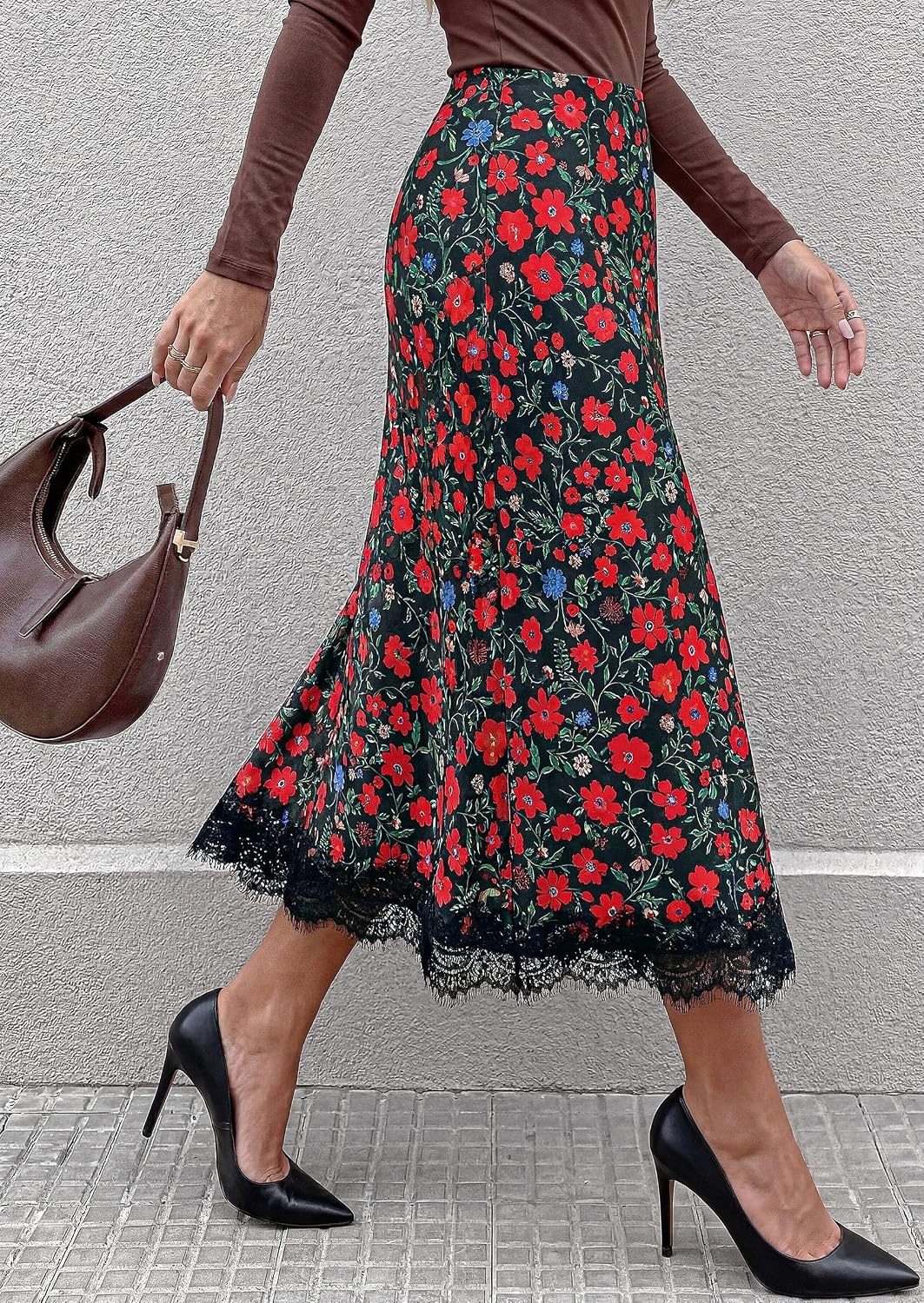 image:imagePRETTYGARDEN Womens Flowy Satin Midi A Line Skirt Dressy Lace Trim Elastic High Waisted Fall Fashion Bottoms Elegant Outfits for Wedding Guest Cocktail Party amp Date NightFloral Green Red