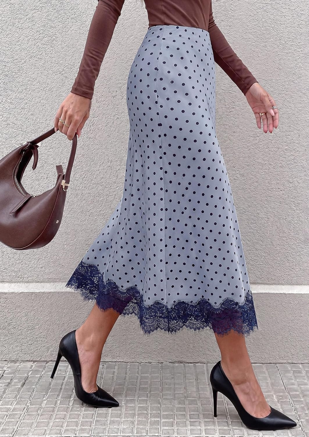 image:imagePRETTYGARDEN Womens Flowy Satin Midi A Line Skirt Dressy Lace Trim Elastic High Waisted Fall Fashion Bottoms Elegant Outfits for Wedding Guest Cocktail Party amp Date NightDot Blue Black