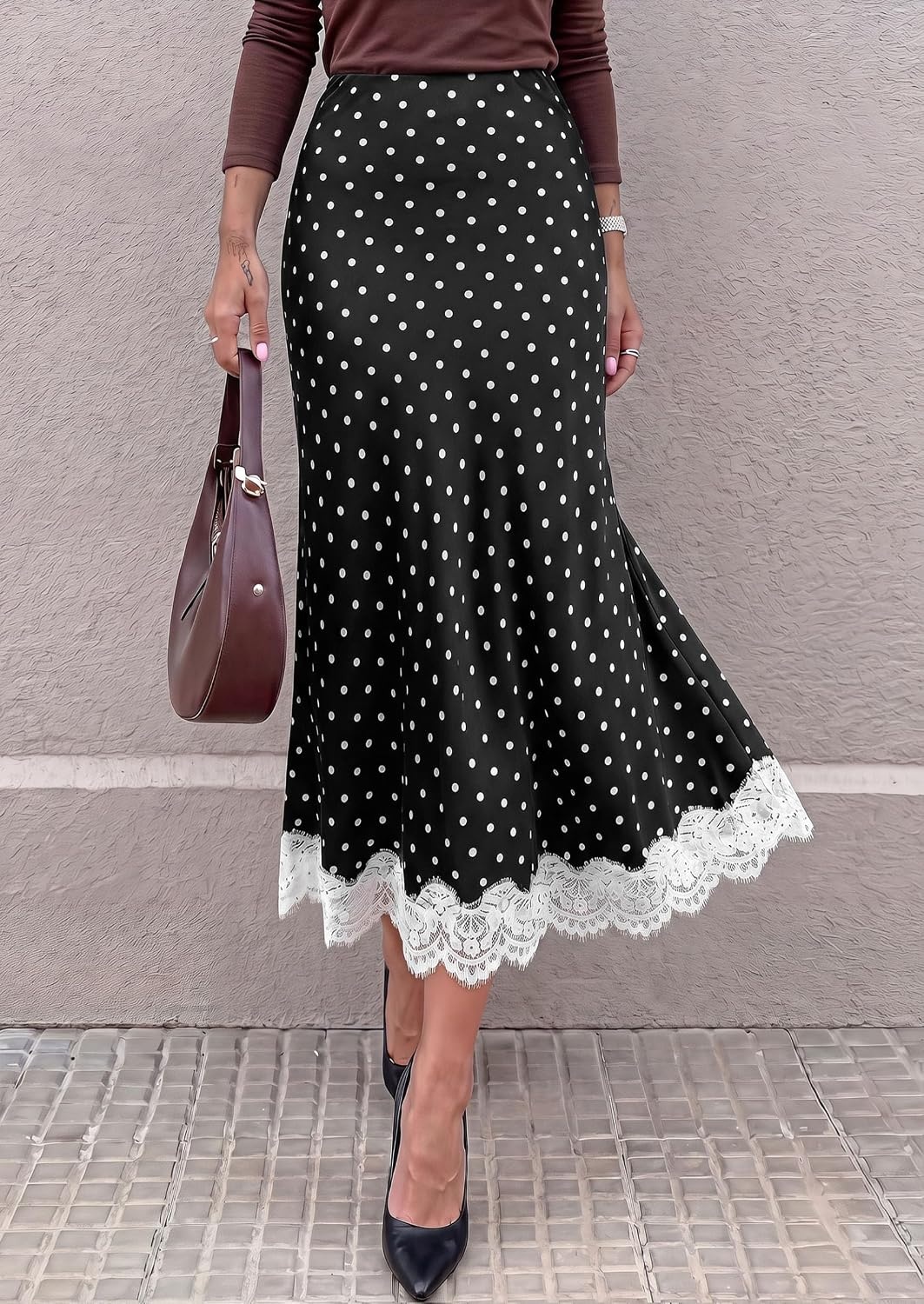 image:imagePRETTYGARDEN Womens Flowy Satin Midi A Line Skirt Dressy Lace Trim Elastic High Waisted Fall Fashion Bottoms Elegant Outfits for Wedding Guest Cocktail Party amp Date NightPolka Dot Black