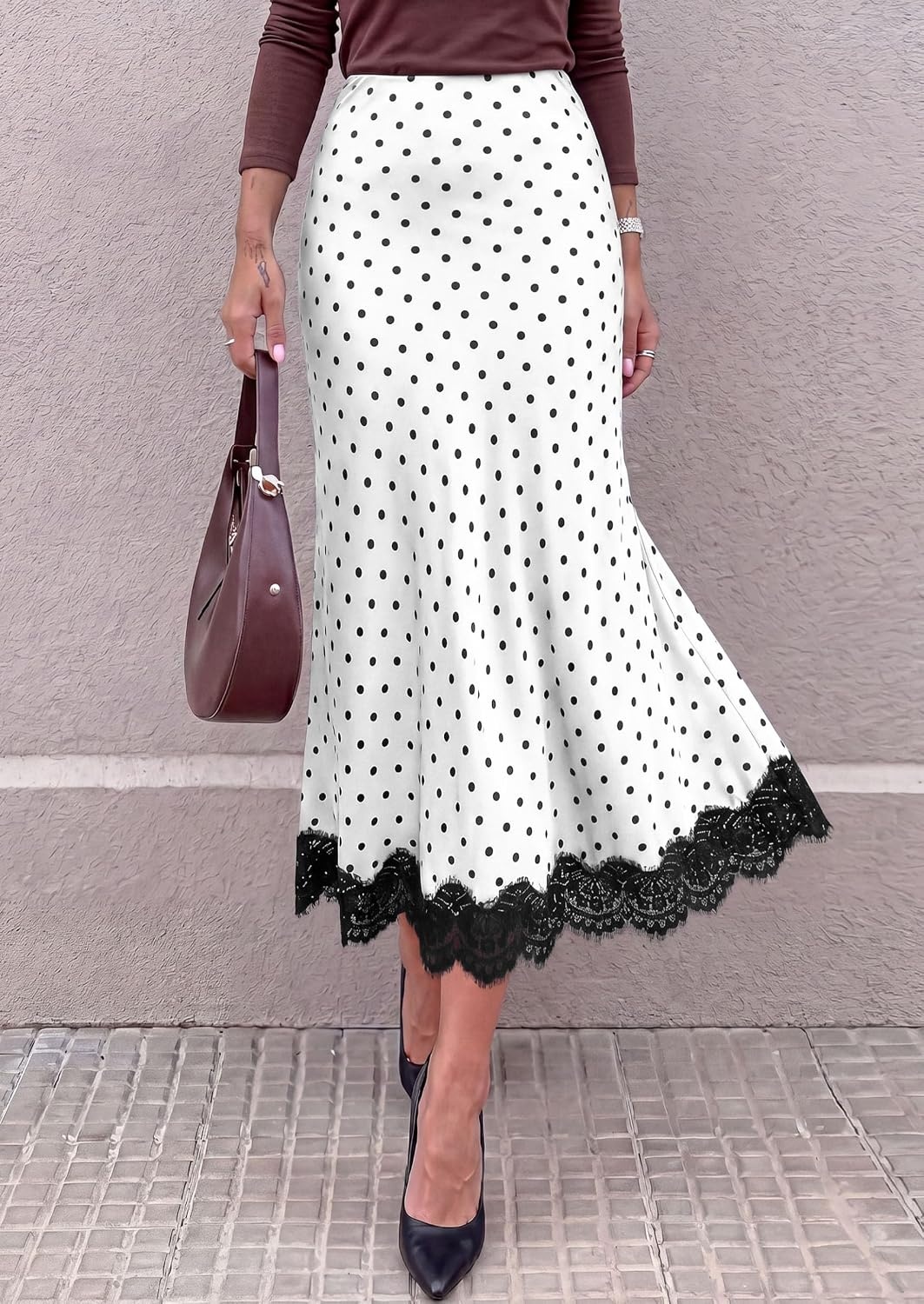 image:imagePRETTYGARDEN Womens Flowy Satin Midi A Line Skirt Dressy Lace Trim Elastic High Waisted Fall Fashion Bottoms Elegant Outfits for Wedding Guest Cocktail Party amp Date NightPolka Dot White