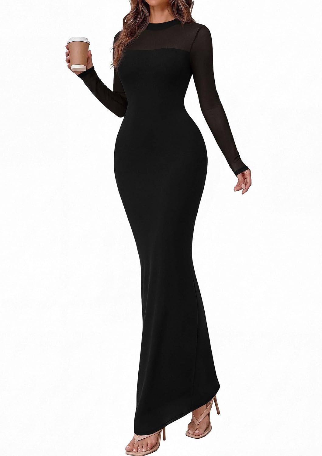 image:imagePRETTYGARDEN Womens Formal Mesh Sheer Long Sleeve Maxi Dress Slimming Mermaid Bodycon Long Dresses Sexy Elegant Wedding Guest Cocktail Holiday Party Dress Fall Date Night OutfitsBlack
