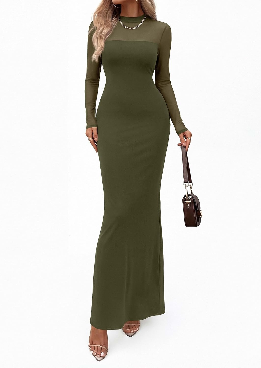 image:imagePRETTYGARDEN Womens Formal Mesh Sheer Long Sleeve Maxi Dress Slimming Mermaid Bodycon Long Dresses Sexy Elegant Wedding Guest Cocktail Holiday Party Dress Fall Date Night OutfitsArmy Green