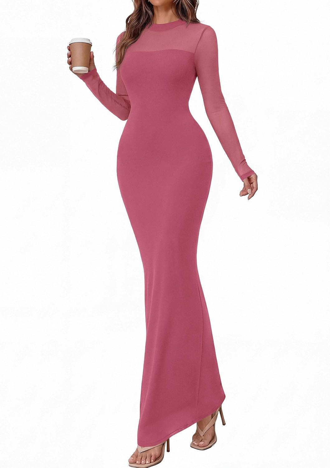 image:imagePRETTYGARDEN Womens Formal Mesh Sheer Long Sleeve Maxi Dress Slimming Mermaid Bodycon Long Dresses Sexy Elegant Wedding Guest Cocktail Holiday Party Dress Fall Date Night OutfitsPink