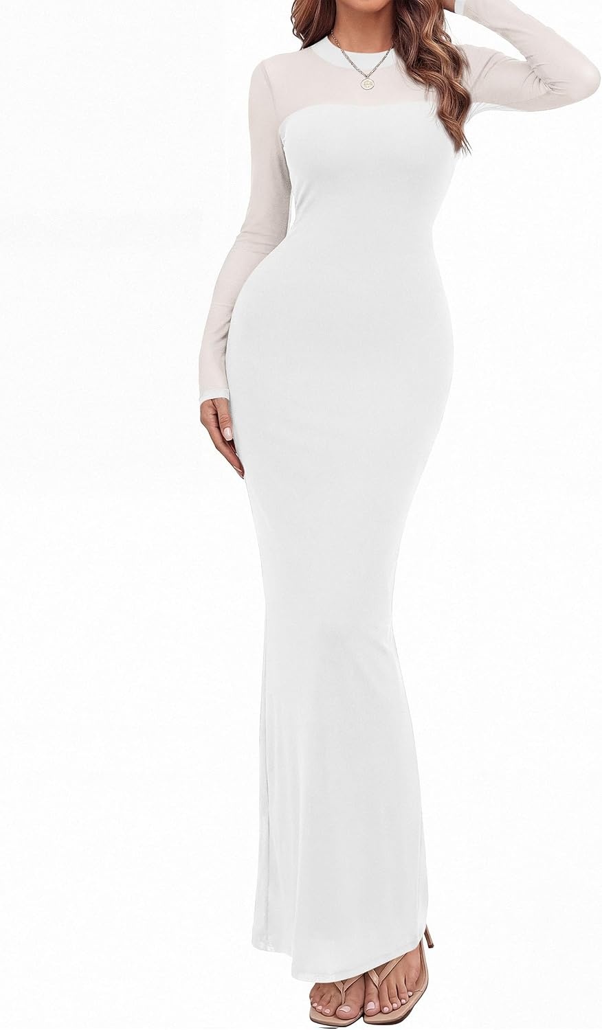 image:imagePRETTYGARDEN Womens Formal Mesh Sheer Long Sleeve Maxi Dress Slimming Mermaid Bodycon Long Dresses Sexy Elegant Wedding Guest Cocktail Holiday Party Dress Fall Date Night OutfitsWhite