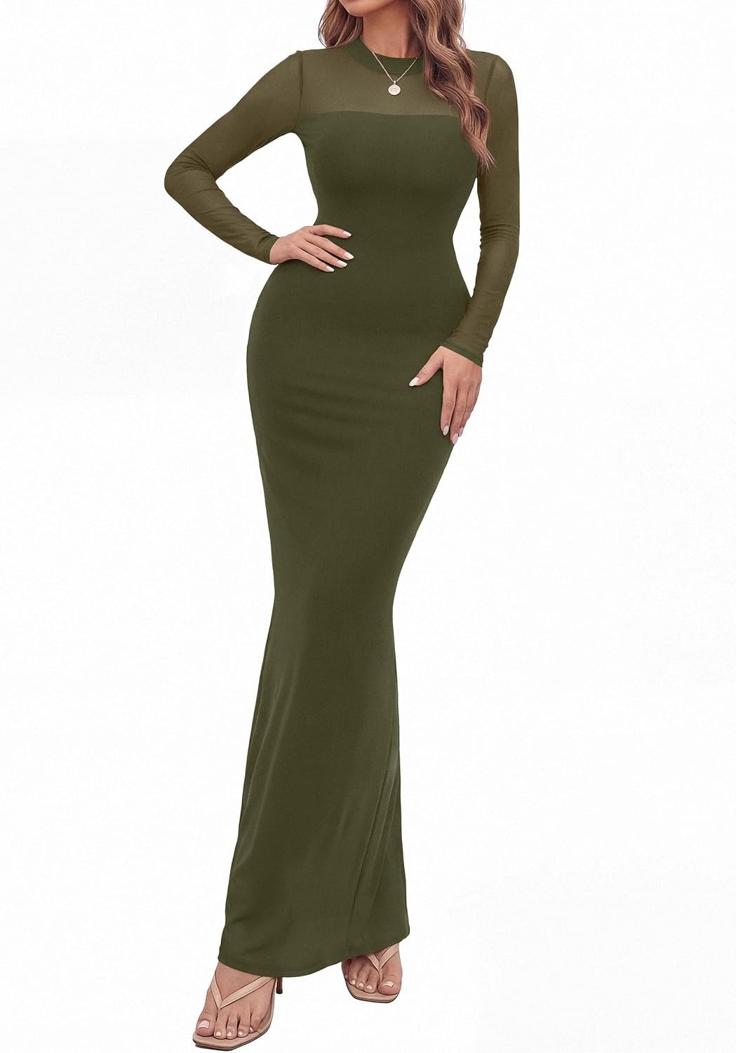 image:imagePRETTYGARDEN Womens Formal Mesh Sheer Long Sleeve Maxi Dress Slimming Mermaid Bodycon Long Dresses Sexy Elegant Wedding Guest Cocktail Holiday Party Dress Fall Date Night OutfitsArmy Green