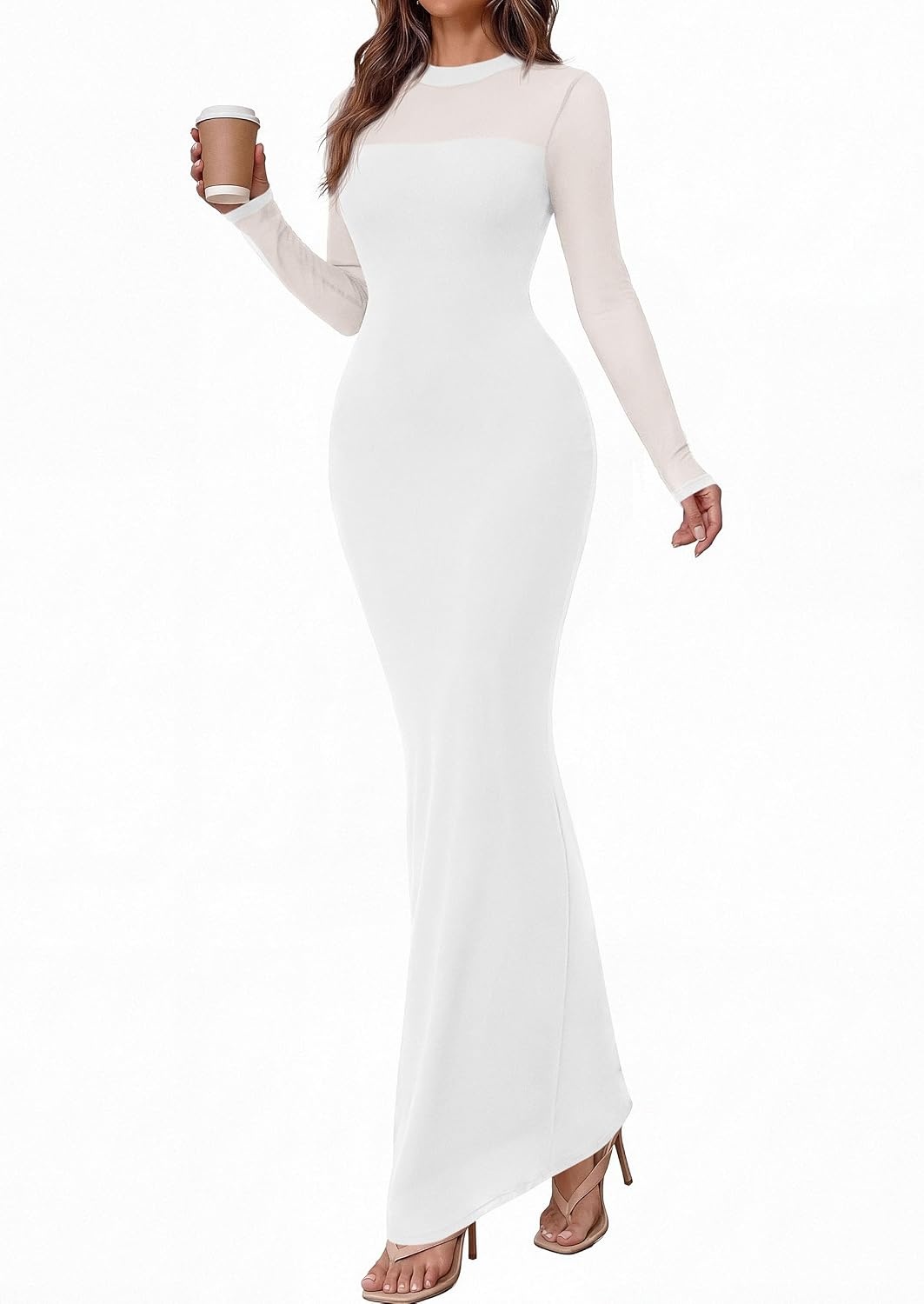 image:imagePRETTYGARDEN Womens Formal Mesh Sheer Long Sleeve Maxi Dress Slimming Mermaid Bodycon Long Dresses Sexy Elegant Wedding Guest Cocktail Holiday Party Dress Fall Date Night OutfitsWhite