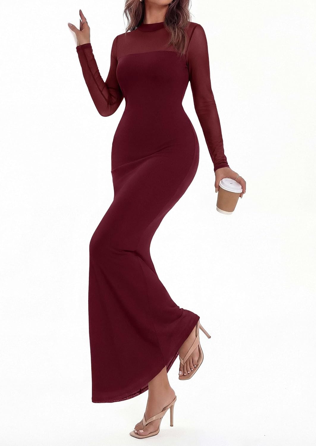 image:imagePRETTYGARDEN Womens Formal Mesh Sheer Long Sleeve Maxi Dress Slimming Mermaid Bodycon Long Dresses Sexy Elegant Wedding Guest Cocktail Holiday Party Dress Fall Date Night OutfitsBurgundy
