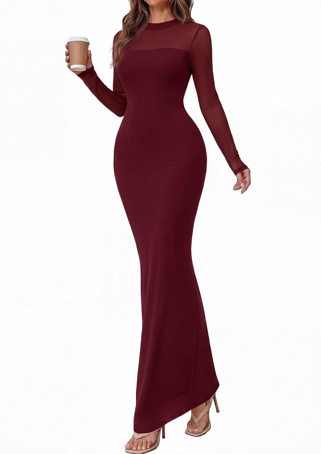 image:imagePRETTYGARDEN Womens Formal Mesh Sheer Long Sleeve Maxi Dress Slimming Mermaid Bodycon Long Dresses Sexy Elegant Wedding Guest Cocktail Holiday Party Dress Fall Date Night OutfitsBurgundy