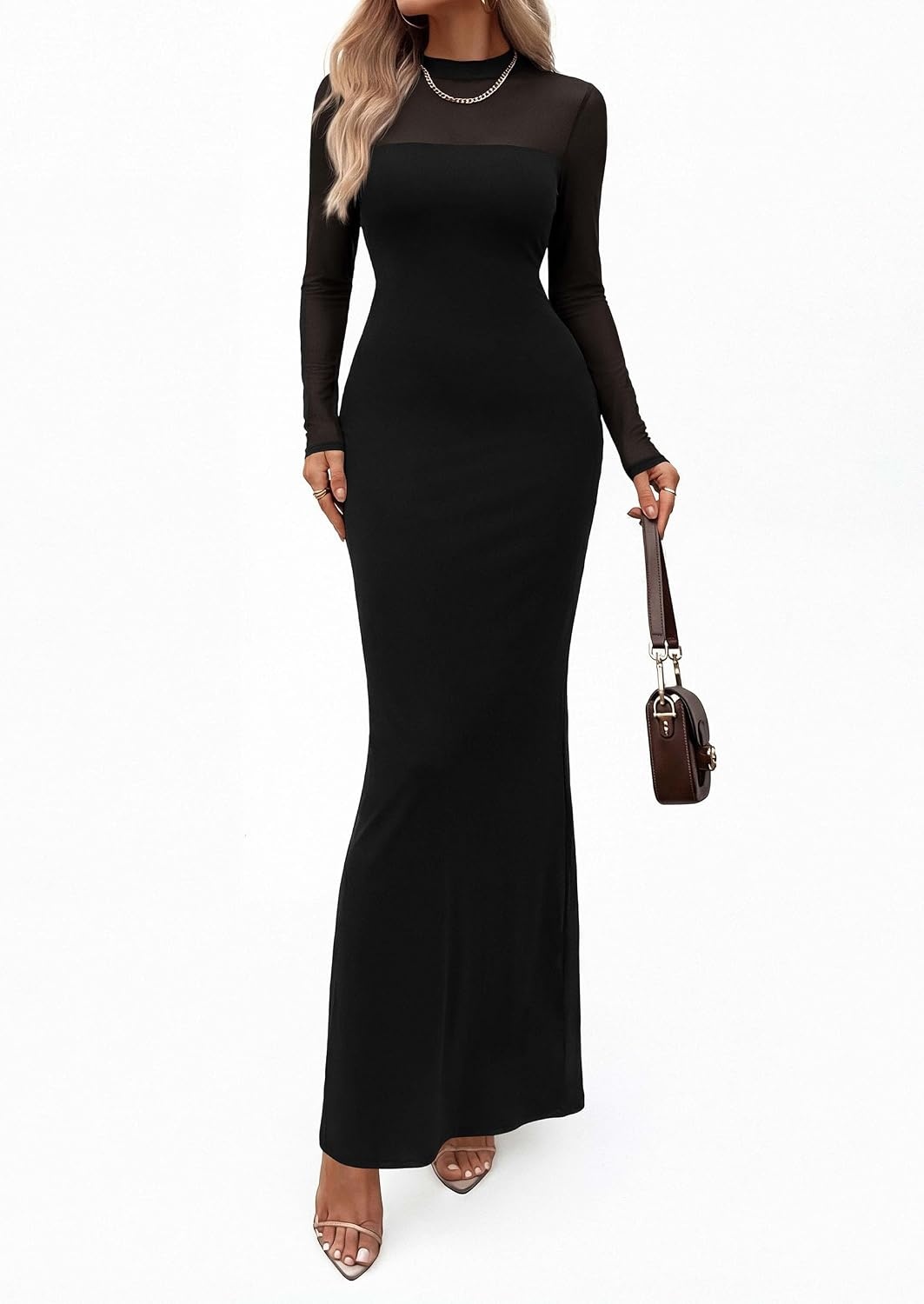 image:imagePRETTYGARDEN Womens Formal Mesh Sheer Long Sleeve Maxi Dress Slimming Mermaid Bodycon Long Dresses Sexy Elegant Wedding Guest Cocktail Holiday Party Dress Fall Date Night OutfitsBlack