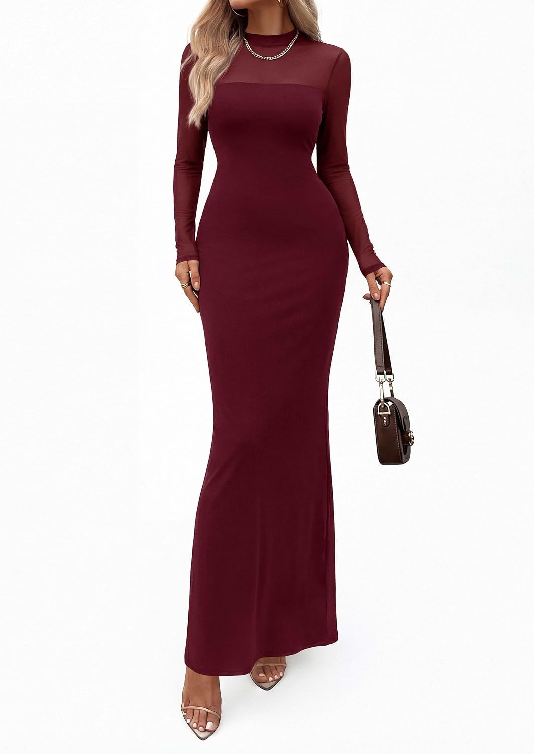 image:imagePRETTYGARDEN Womens Formal Mesh Sheer Long Sleeve Maxi Dress Slimming Mermaid Bodycon Long Dresses Sexy Elegant Wedding Guest Cocktail Holiday Party Dress Fall Date Night OutfitsBurgundy