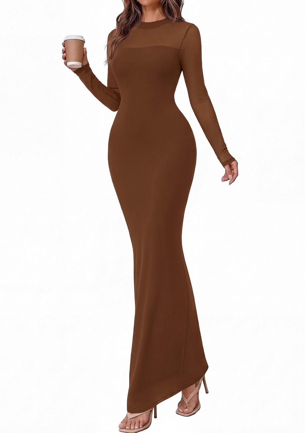 image:imagePRETTYGARDEN Womens Formal Mesh Sheer Long Sleeve Maxi Dress Slimming Mermaid Bodycon Long Dresses Sexy Elegant Wedding Guest Cocktail Holiday Party Dress Fall Date Night OutfitsBrown