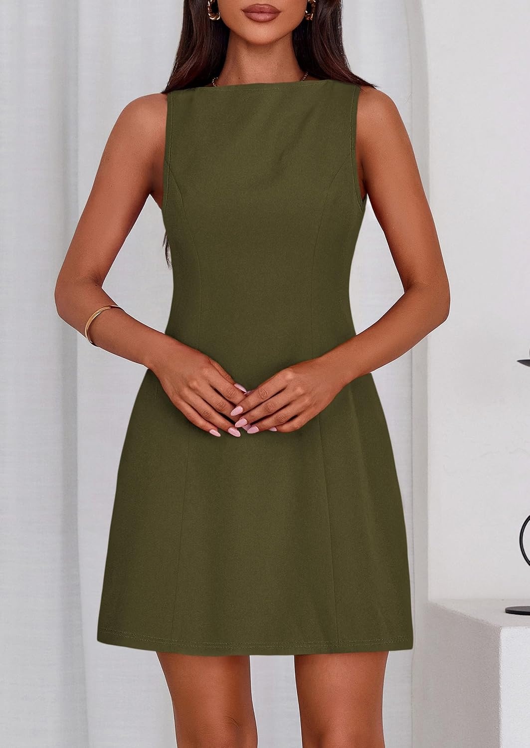 image:imagePRETTYGARDEN Womens Formal Short Dresses A Line Mini Dress Sleeveless Boat Neck Elegant Classy Wedding Guest Dresses Holiday Party Graduation Cocktail Business Casual Work WearArmy Green