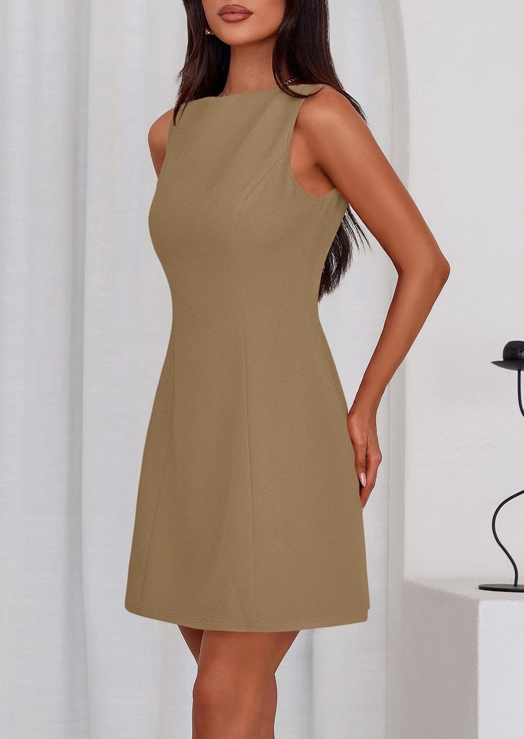 image:imagePRETTYGARDEN Womens Formal Short Dresses A Line Mini Dress Sleeveless Boat Neck Elegant Classy Wedding Guest Dresses Holiday Party Graduation Cocktail Business Casual Work WearDark Khaki