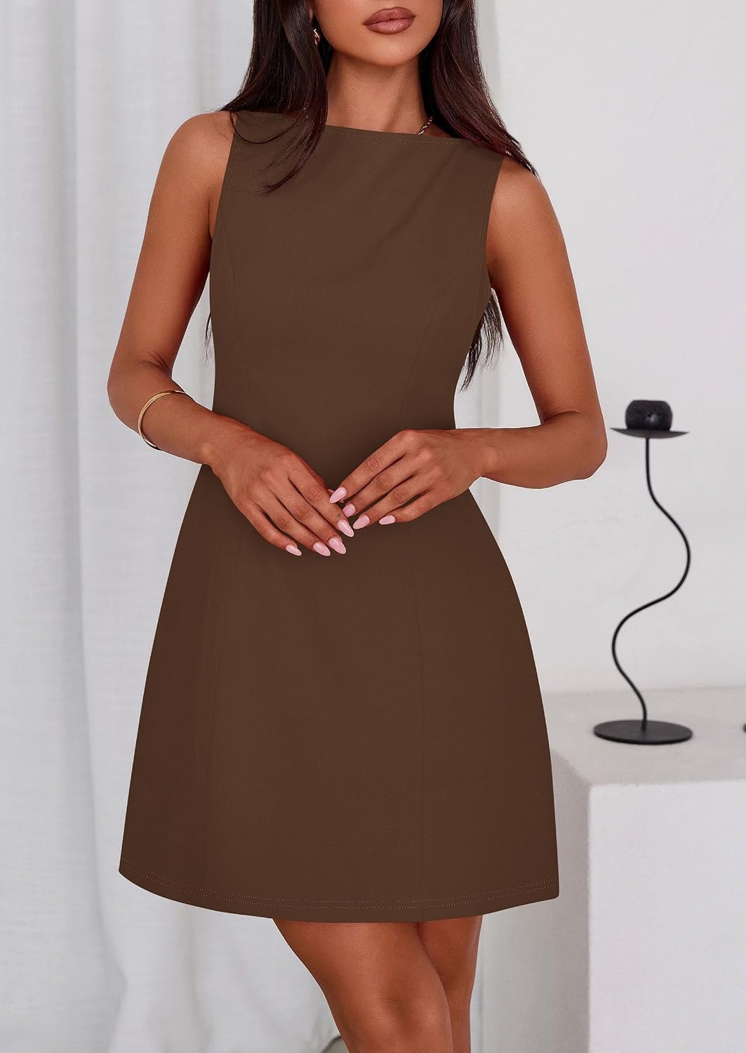 image:imagePRETTYGARDEN Womens Formal Short Dresses A Line Mini Dress Sleeveless Boat Neck Elegant Classy Wedding Guest Dresses Holiday Party Graduation Cocktail Business Casual Work WearBrown