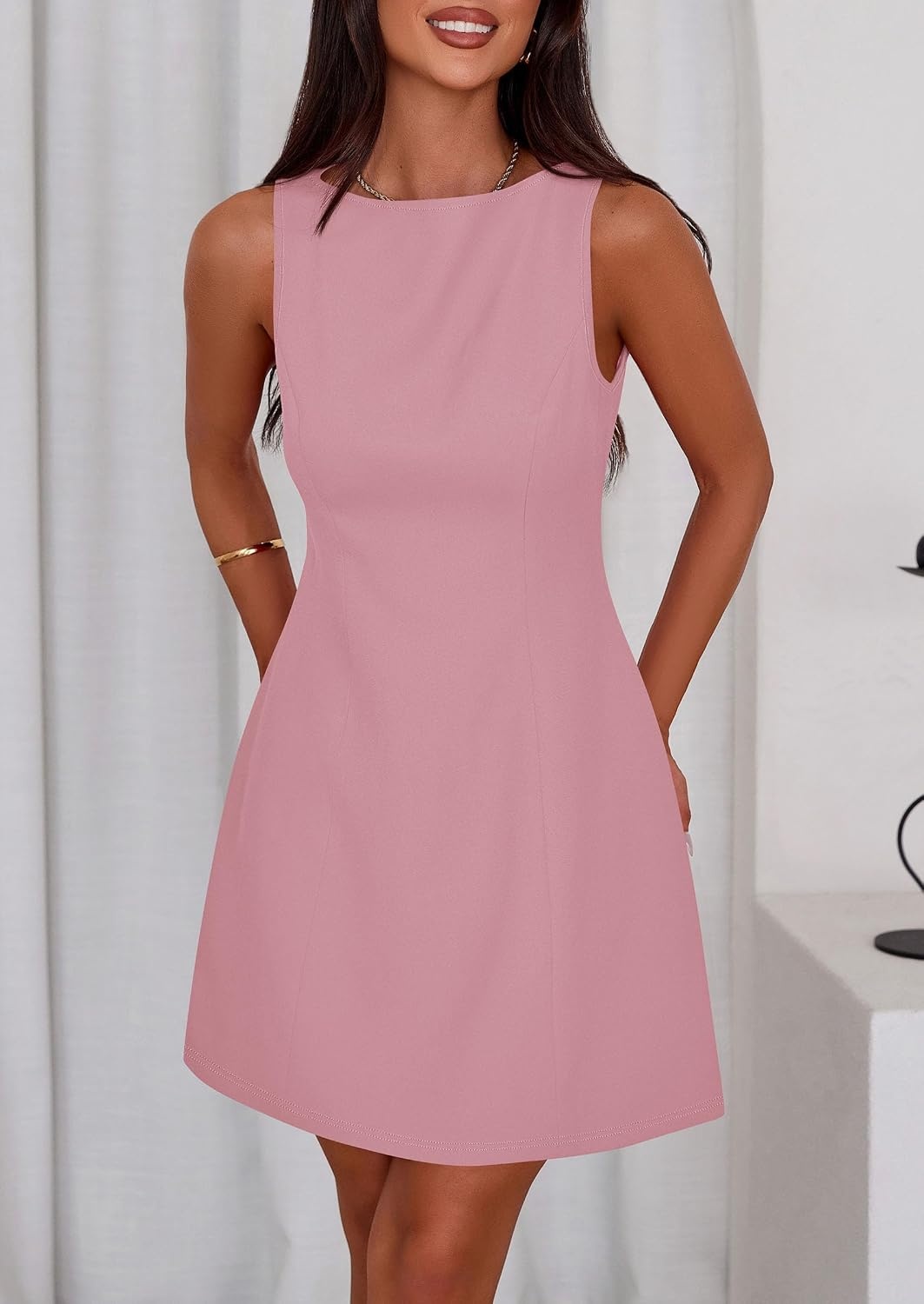 image:imagePRETTYGARDEN Womens Formal Short Dresses A Line Mini Dress Sleeveless Boat Neck Elegant Classy Wedding Guest Dresses Holiday Party Graduation Cocktail Business Casual Work WearPink