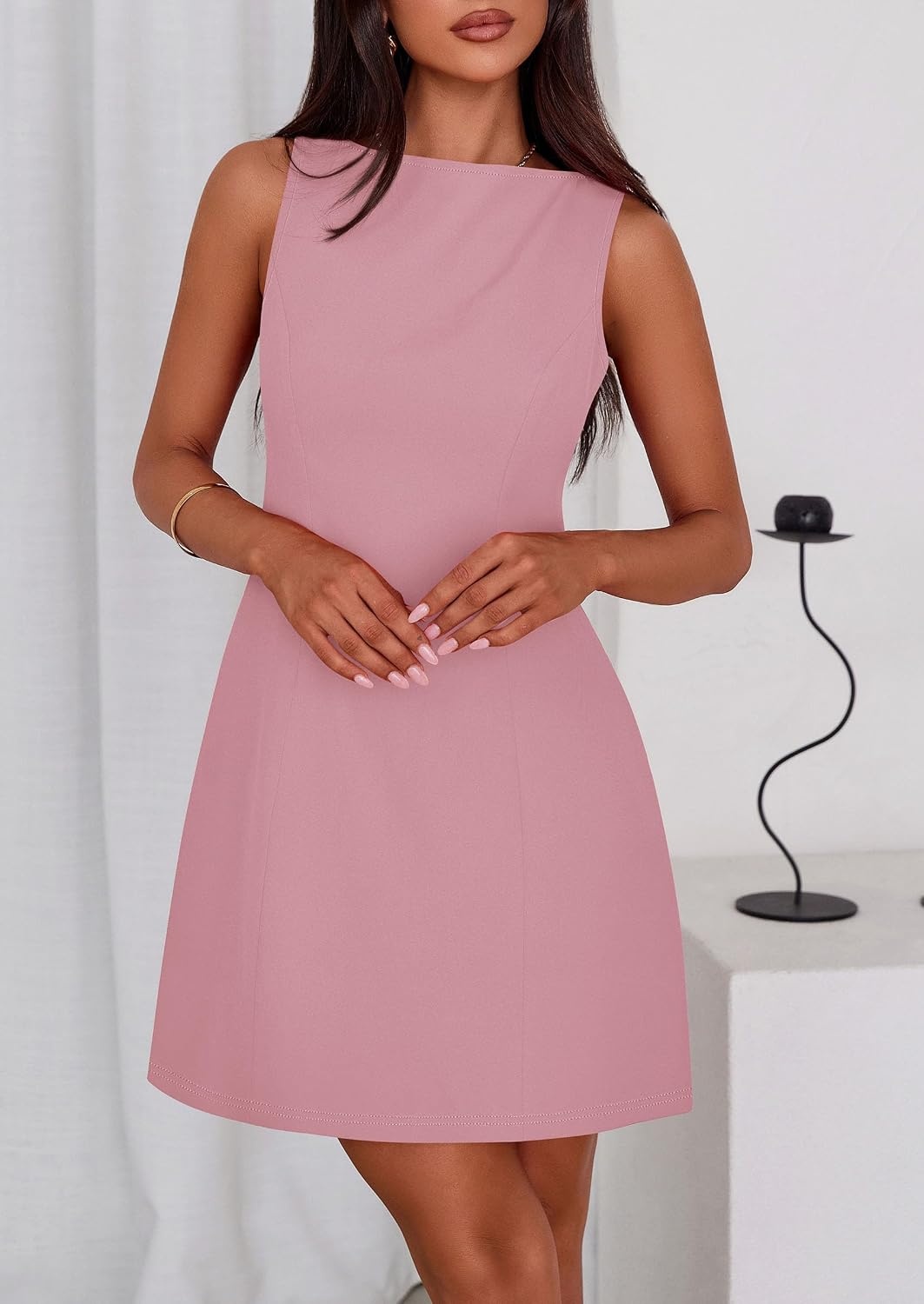 image:imagePRETTYGARDEN Womens Formal Short Dresses A Line Mini Dress Sleeveless Boat Neck Elegant Classy Wedding Guest Dresses Holiday Party Graduation Cocktail Business Casual Work WearPink