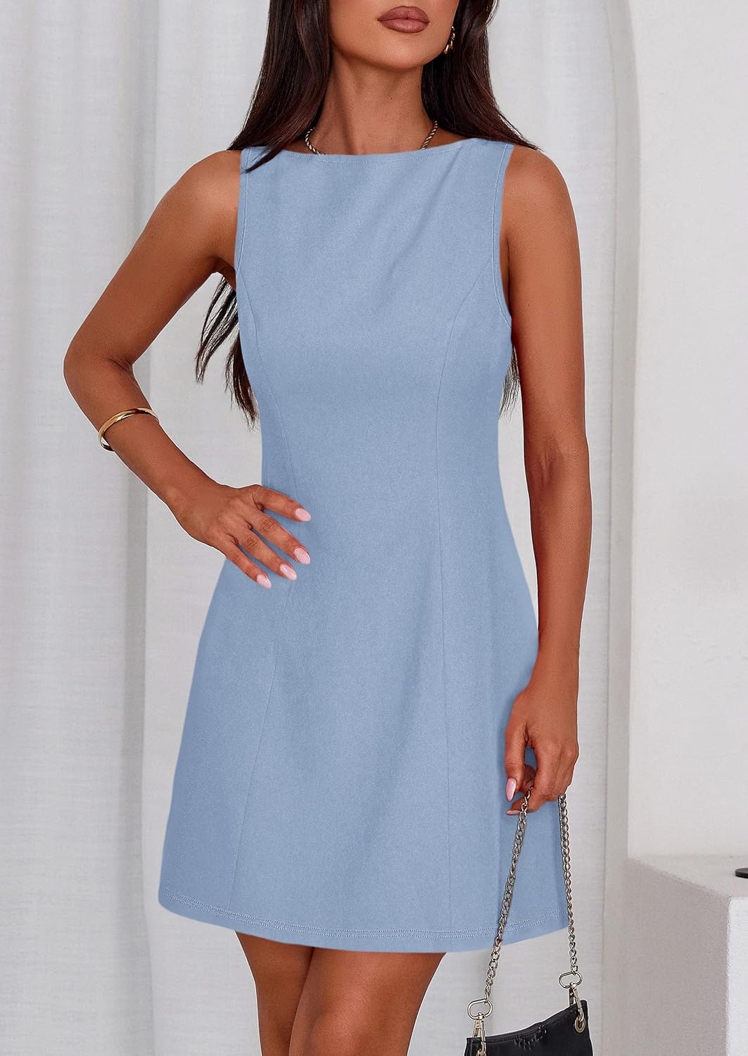 image:imagePRETTYGARDEN Womens Formal Short Dresses A Line Mini Dress Sleeveless Boat Neck Elegant Classy Wedding Guest Dresses Holiday Party Graduation Cocktail Business Casual Work WearLight Blue