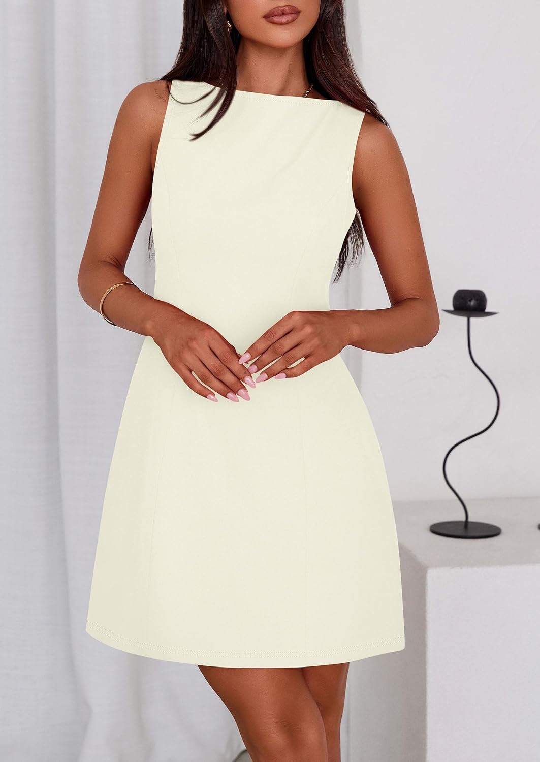 image:imagePRETTYGARDEN Womens Formal Short Dresses A Line Mini Dress Sleeveless Boat Neck Elegant Classy Wedding Guest Dresses Holiday Party Graduation Cocktail Business Casual Work WearBeige