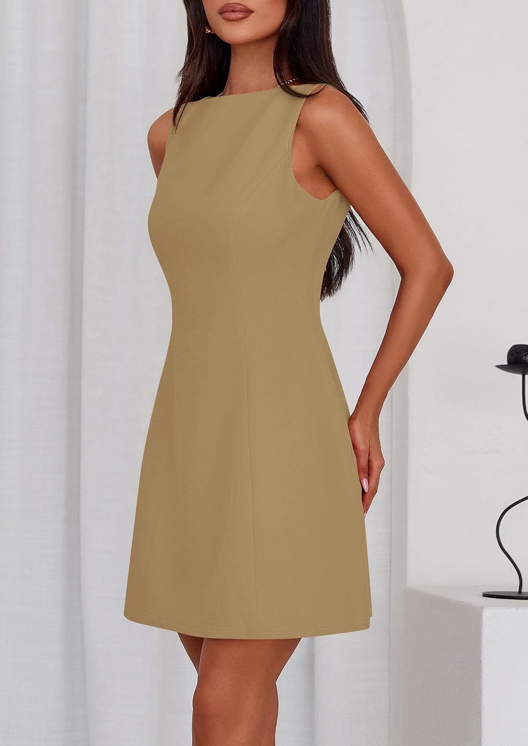 image:imagePRETTYGARDEN Womens Formal Short Dresses A Line Mini Dress Sleeveless Boat Neck Elegant Classy Wedding Guest Dresses Holiday Party Graduation Cocktail Business Casual Work WearKhaki