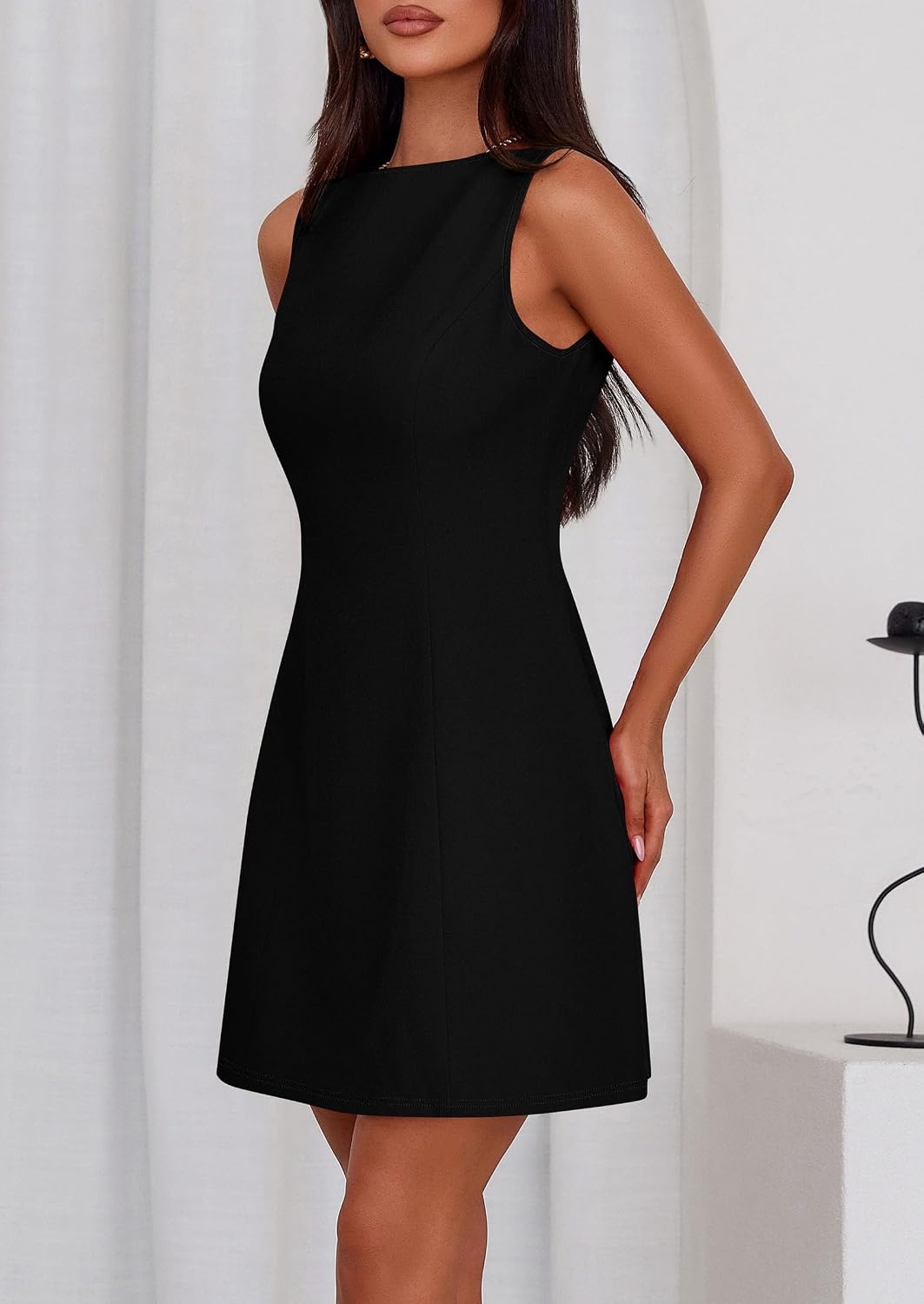 image:imagePRETTYGARDEN Womens Formal Short Dresses A Line Mini Dress Sleeveless Boat Neck Elegant Classy Wedding Guest Dresses Holiday Party Graduation Cocktail Business Casual Work WearBlack