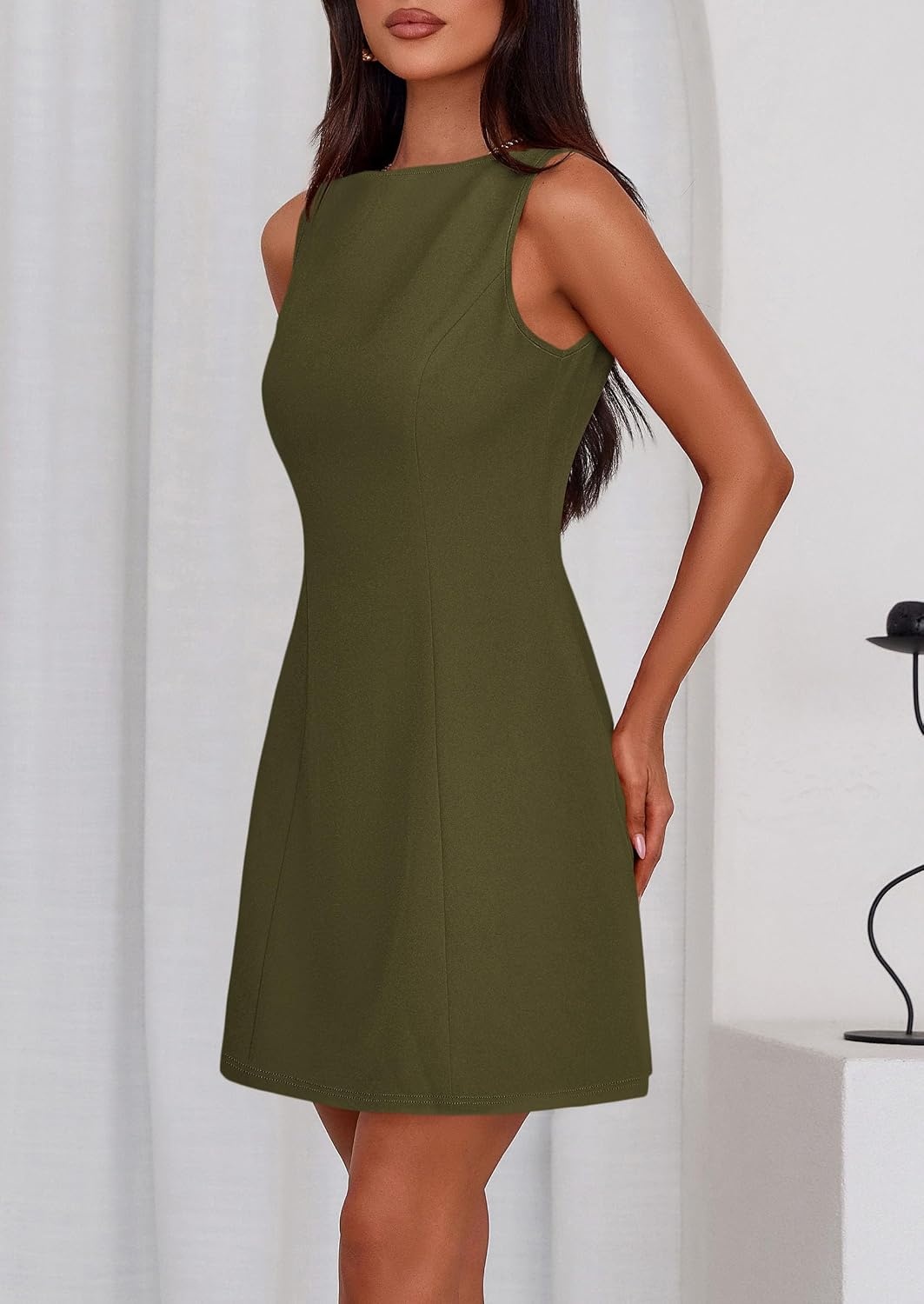 image:imagePRETTYGARDEN Womens Formal Short Dresses A Line Mini Dress Sleeveless Boat Neck Elegant Classy Wedding Guest Dresses Holiday Party Graduation Cocktail Business Casual Work WearArmy Green