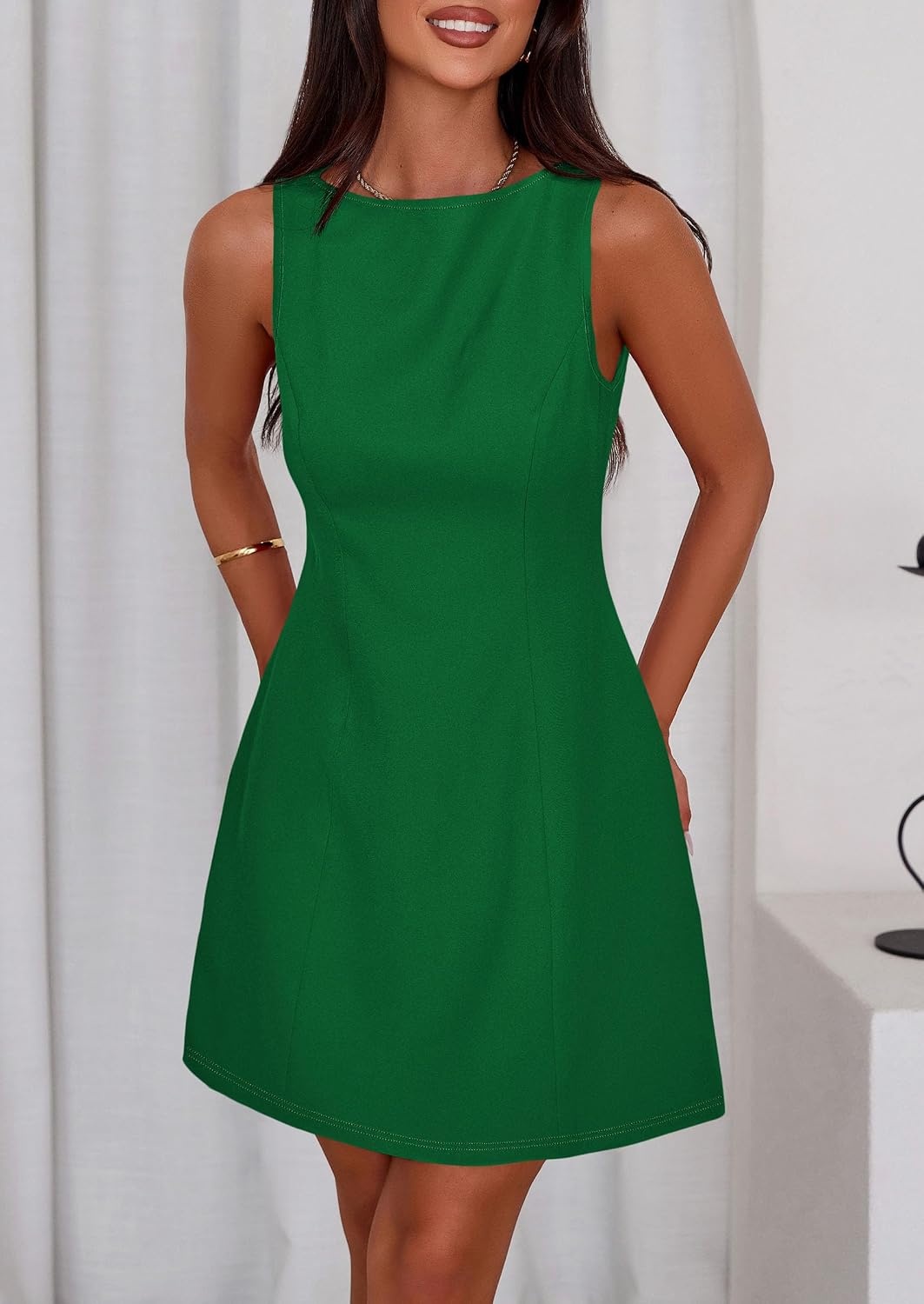 image:imagePRETTYGARDEN Womens Formal Short Dresses A Line Mini Dress Sleeveless Boat Neck Elegant Classy Wedding Guest Dresses Holiday Party Graduation Cocktail Business Casual Work WearGreen