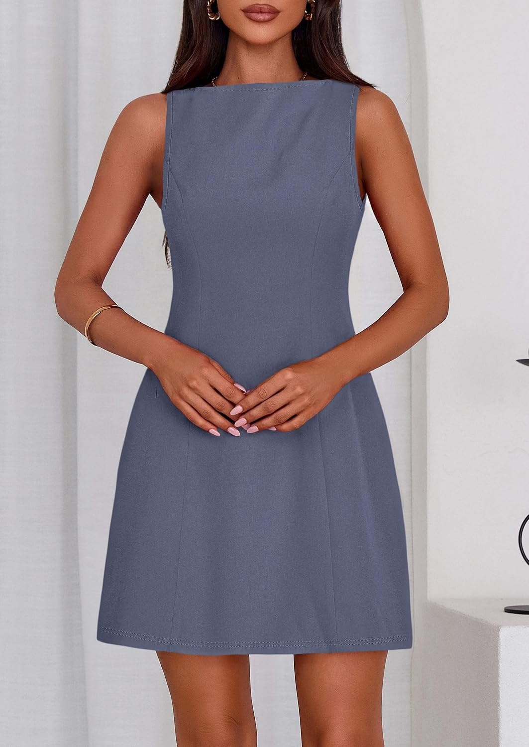 image:imagePRETTYGARDEN Womens Formal Short Dresses A Line Mini Dress Sleeveless Boat Neck Elegant Classy Wedding Guest Dresses Holiday Party Graduation Cocktail Business Casual Work WearDusty Blue