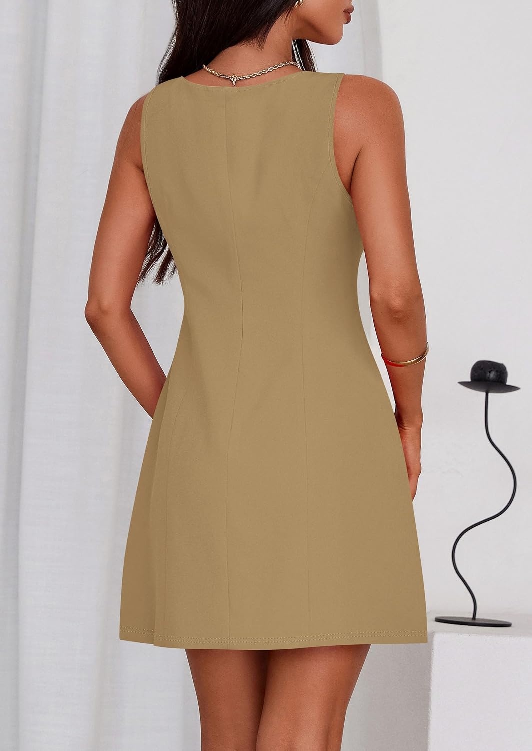 image:imagePRETTYGARDEN Womens Formal Short Dresses A Line Mini Dress Sleeveless Boat Neck Elegant Classy Wedding Guest Dresses Holiday Party Graduation Cocktail Business Casual Work WearKhaki