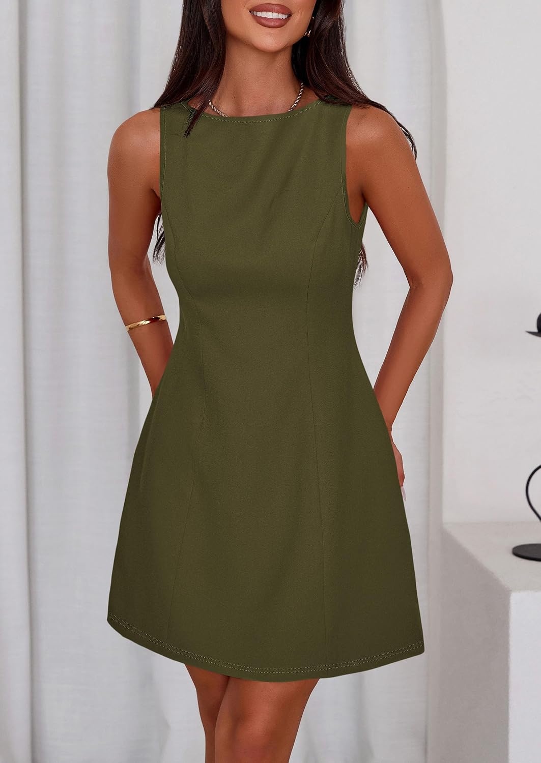 image:imagePRETTYGARDEN Womens Formal Short Dresses A Line Mini Dress Sleeveless Boat Neck Elegant Classy Wedding Guest Dresses Holiday Party Graduation Cocktail Business Casual Work WearArmy Green