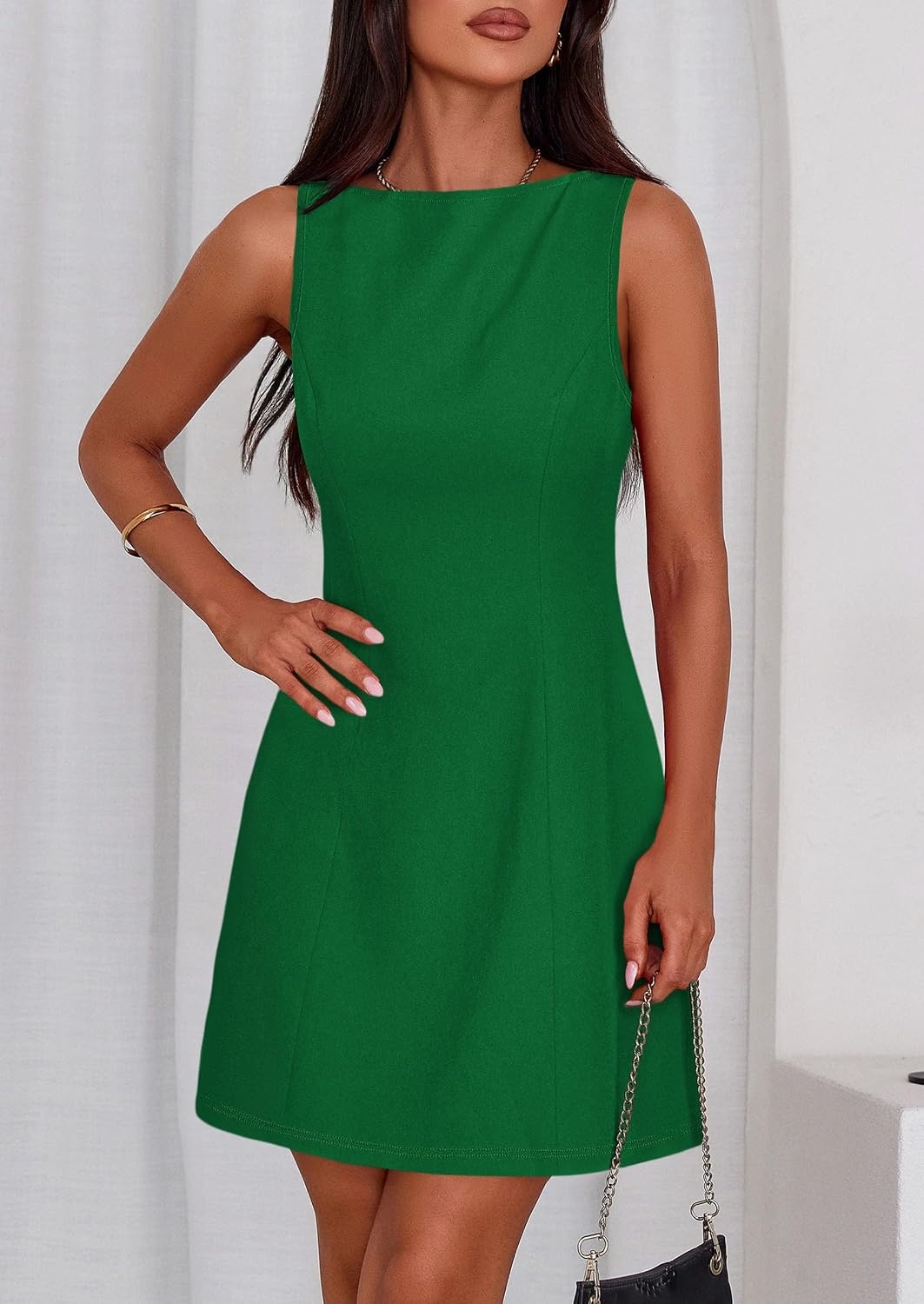 image:imagePRETTYGARDEN Womens Formal Short Dresses A Line Mini Dress Sleeveless Boat Neck Elegant Classy Wedding Guest Dresses Holiday Party Graduation Cocktail Business Casual Work WearGreen