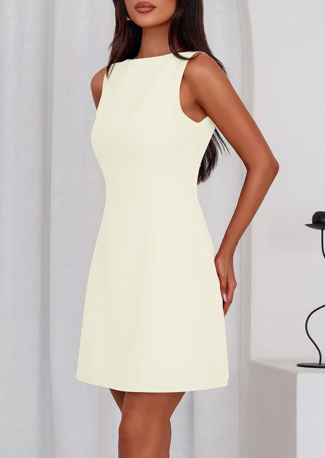 image:imagePRETTYGARDEN Womens Formal Short Dresses A Line Mini Dress Sleeveless Boat Neck Elegant Classy Wedding Guest Dresses Holiday Party Graduation Cocktail Business Casual Work WearBeige