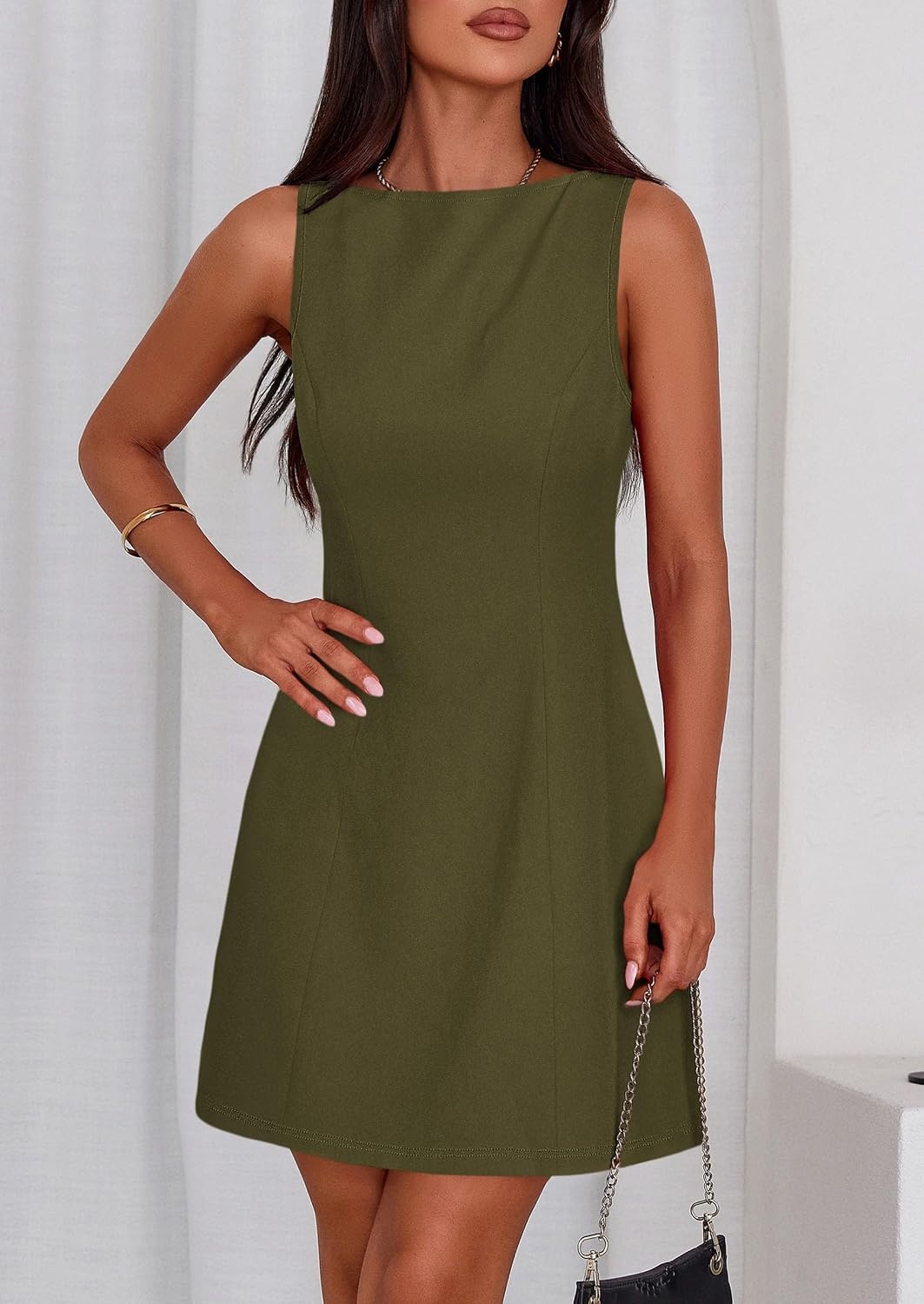 image:imagePRETTYGARDEN Womens Formal Short Dresses A Line Mini Dress Sleeveless Boat Neck Elegant Classy Wedding Guest Dresses Holiday Party Graduation Cocktail Business Casual Work WearArmy Green