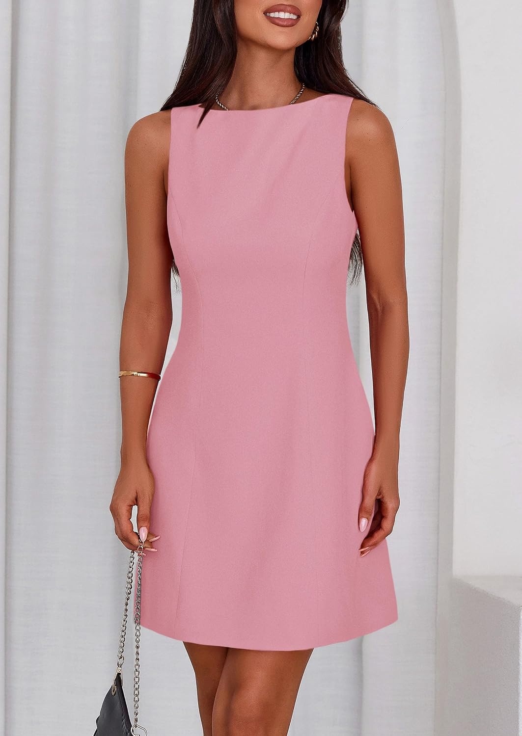 image:imagePRETTYGARDEN Womens Formal Short Dresses A Line Mini Dress Sleeveless Boat Neck Elegant Classy Wedding Guest Dresses Holiday Party Graduation Cocktail Business Casual Work WearPink