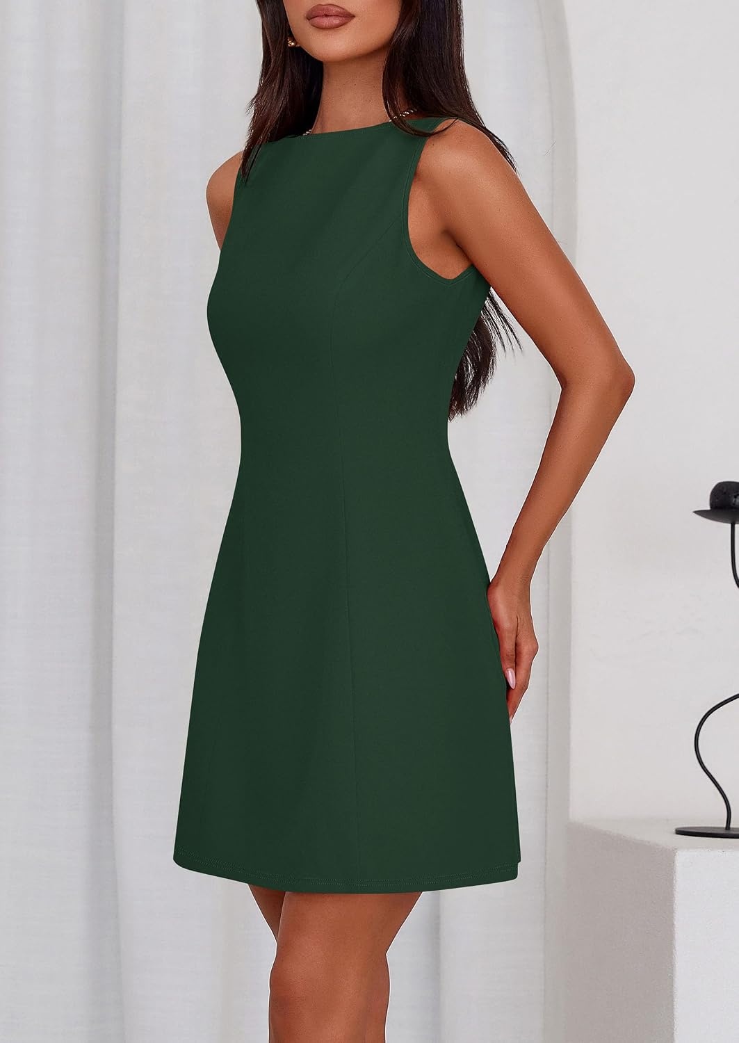 image:imagePRETTYGARDEN Womens Formal Short Dresses A Line Mini Dress Sleeveless Boat Neck Elegant Classy Wedding Guest Dresses Holiday Party Graduation Cocktail Business Casual Work WearDark Green