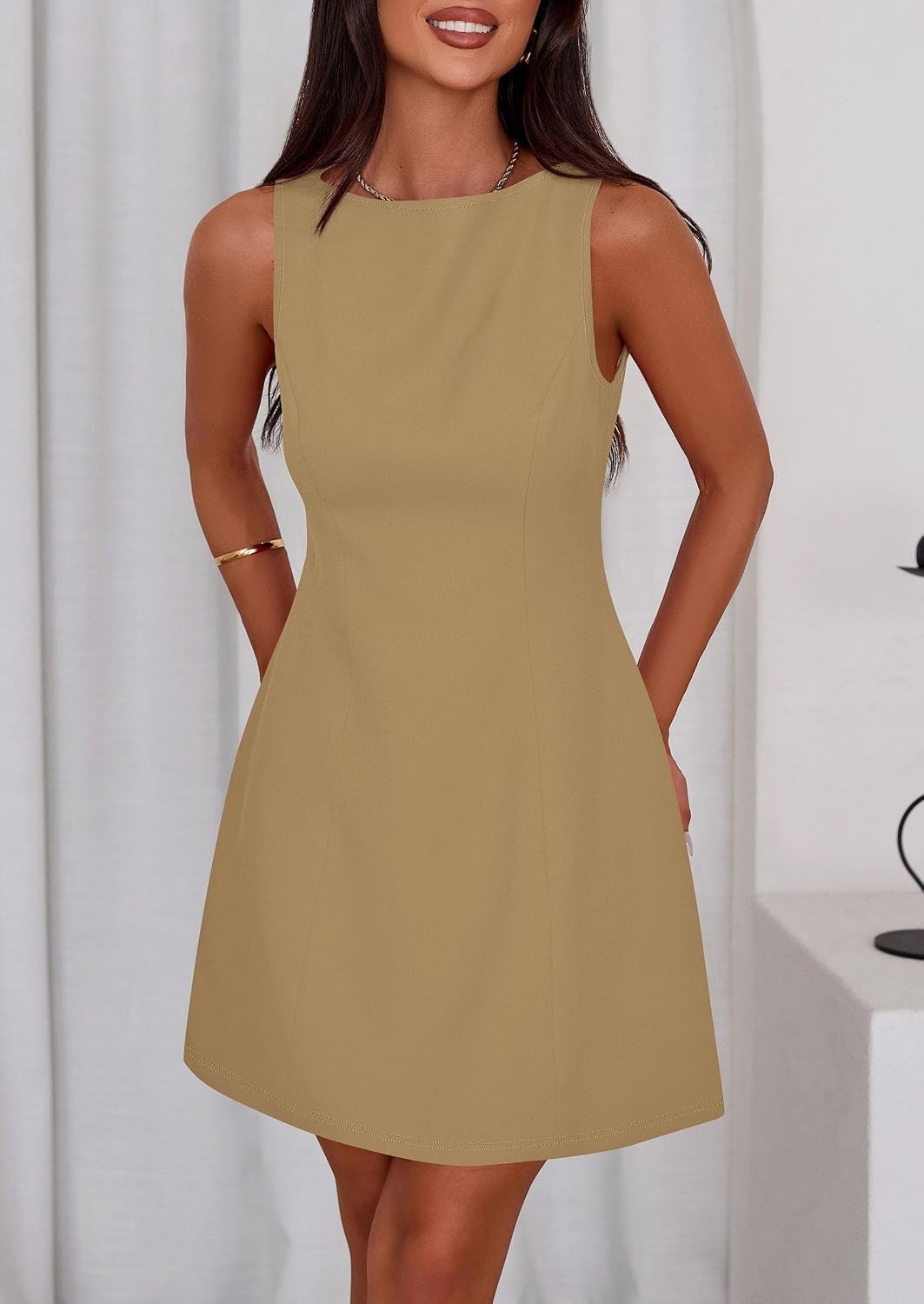 image:imagePRETTYGARDEN Womens Formal Short Dresses A Line Mini Dress Sleeveless Boat Neck Elegant Classy Wedding Guest Dresses Holiday Party Graduation Cocktail Business Casual Work WearKhaki