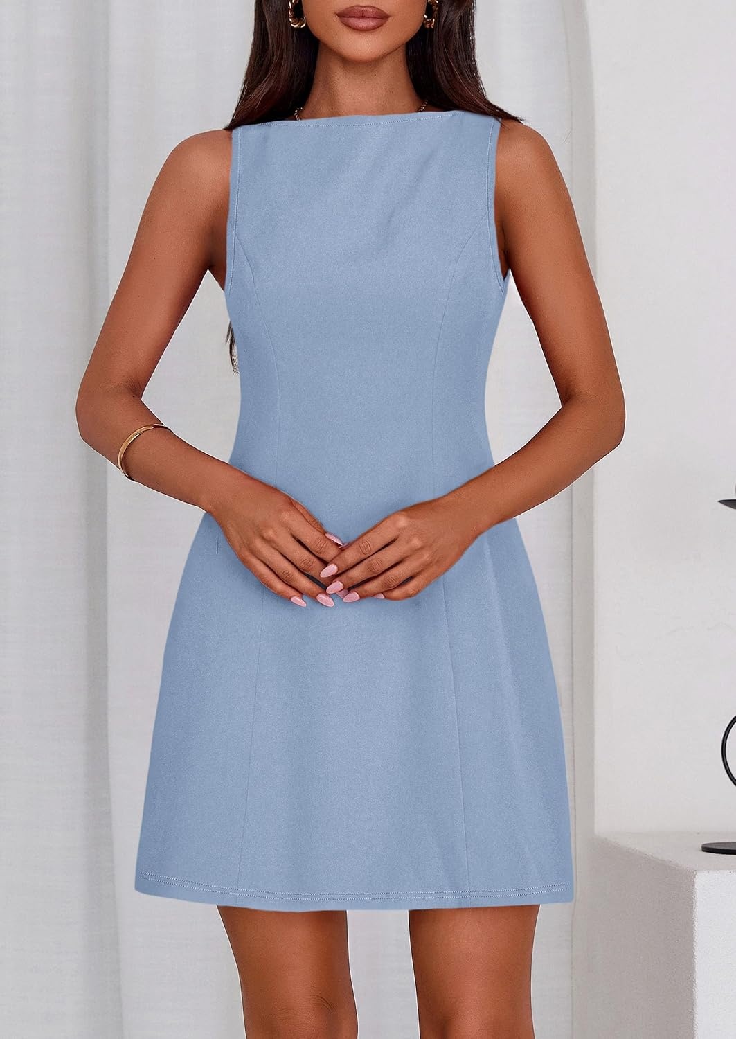 image:imagePRETTYGARDEN Womens Formal Short Dresses A Line Mini Dress Sleeveless Boat Neck Elegant Classy Wedding Guest Dresses Holiday Party Graduation Cocktail Business Casual Work WearLight Blue