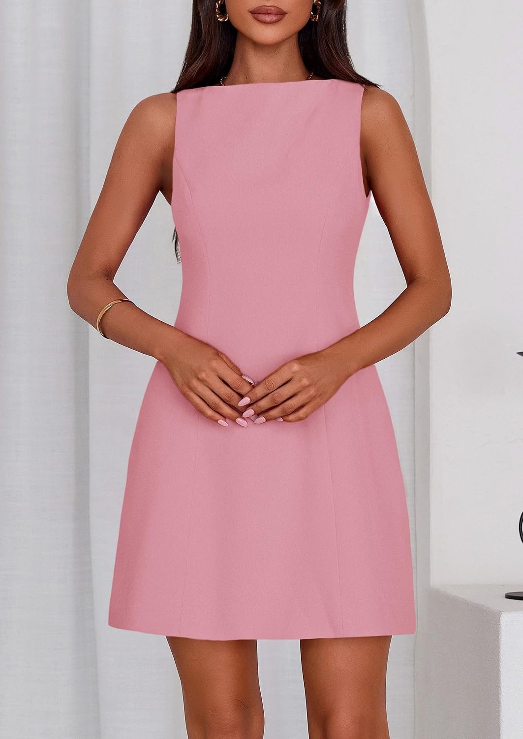 image:imagePRETTYGARDEN Womens Formal Short Dresses A Line Mini Dress Sleeveless Boat Neck Elegant Classy Wedding Guest Dresses Holiday Party Graduation Cocktail Business Casual Work WearPink