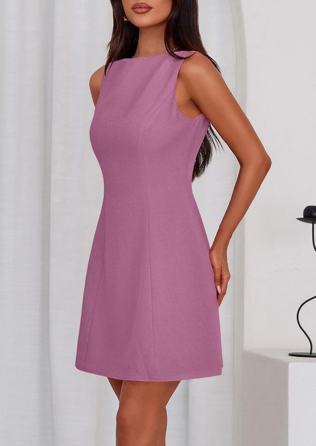 image:imagePRETTYGARDEN Womens Formal Short Dresses A Line Mini Dress Sleeveless Boat Neck Elegant Classy Wedding Guest Dresses Holiday Party Graduation Cocktail Business Casual Work WearPurple