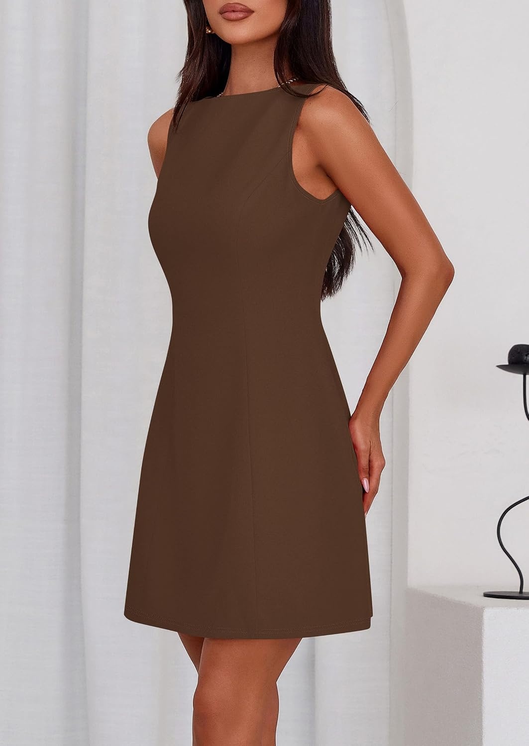 image:imagePRETTYGARDEN Womens Formal Short Dresses A Line Mini Dress Sleeveless Boat Neck Elegant Classy Wedding Guest Dresses Holiday Party Graduation Cocktail Business Casual Work WearBrown