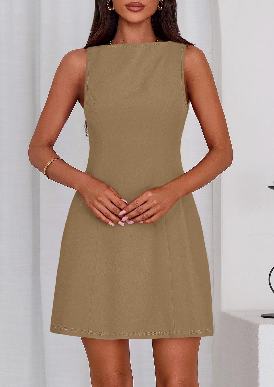 image:imagePRETTYGARDEN Womens Formal Short Dresses A Line Mini Dress Sleeveless Boat Neck Elegant Classy Wedding Guest Dresses Holiday Party Graduation Cocktail Business Casual Work WearDark Khaki