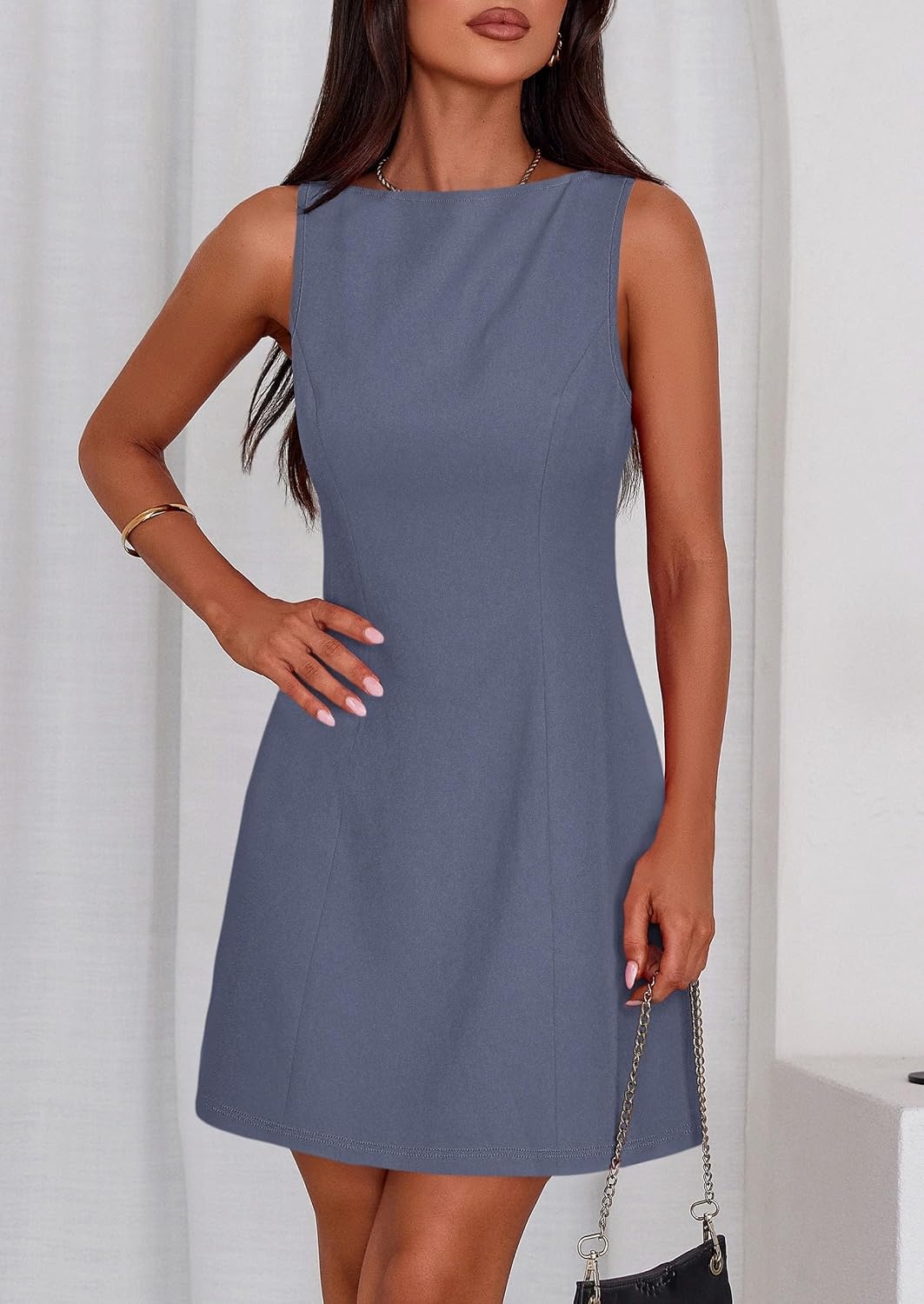 image:imagePRETTYGARDEN Womens Formal Short Dresses A Line Mini Dress Sleeveless Boat Neck Elegant Classy Wedding Guest Dresses Holiday Party Graduation Cocktail Business Casual Work WearDusty Blue