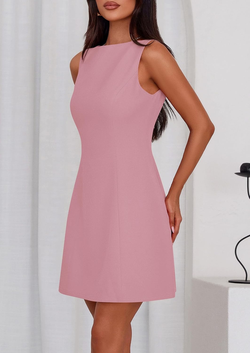 image:imagePRETTYGARDEN Womens Formal Short Dresses A Line Mini Dress Sleeveless Boat Neck Elegant Classy Wedding Guest Dresses Holiday Party Graduation Cocktail Business Casual Work WearPink
