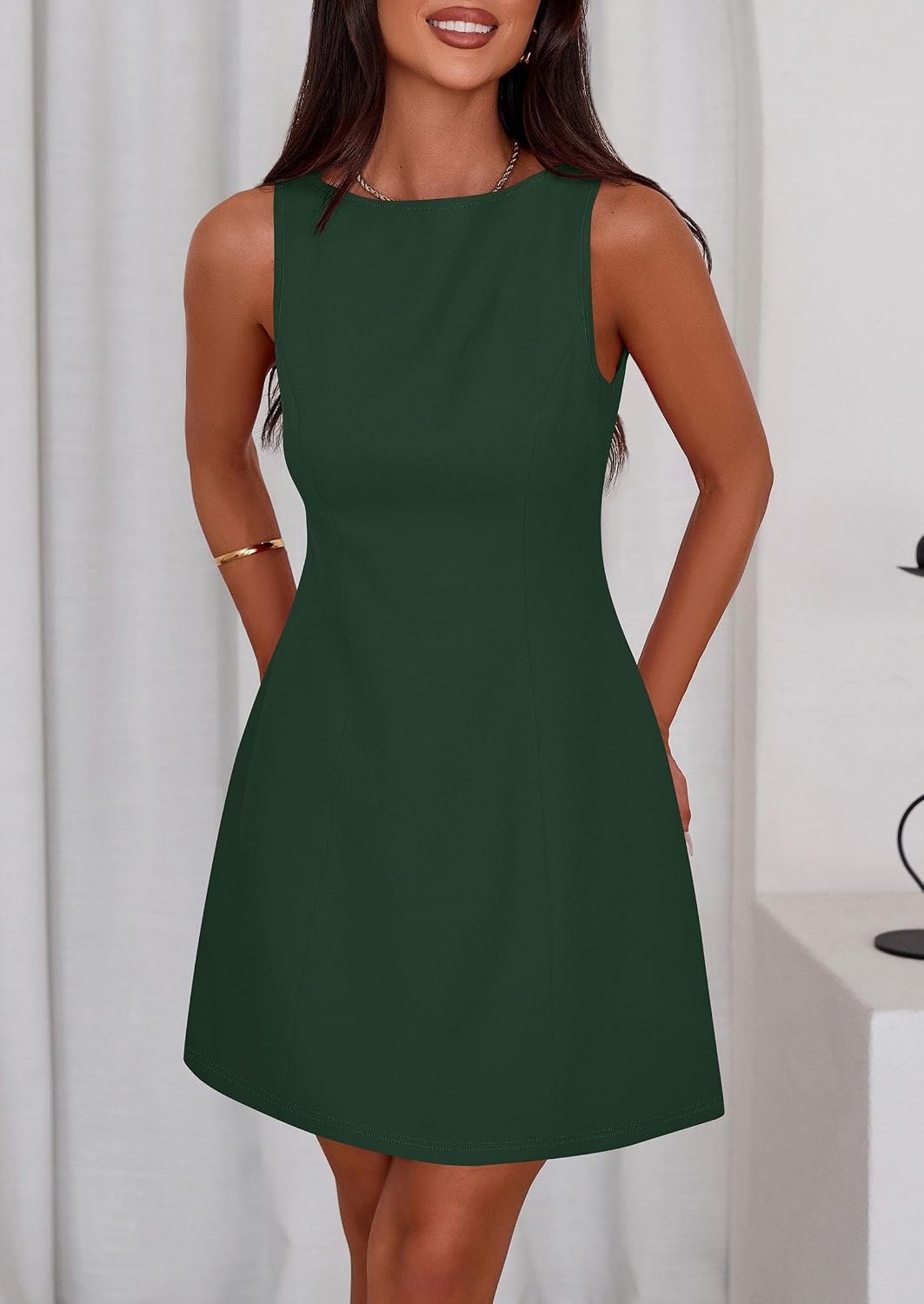 image:imagePRETTYGARDEN Womens Formal Short Dresses A Line Mini Dress Sleeveless Boat Neck Elegant Classy Wedding Guest Dresses Holiday Party Graduation Cocktail Business Casual Work WearDark Green